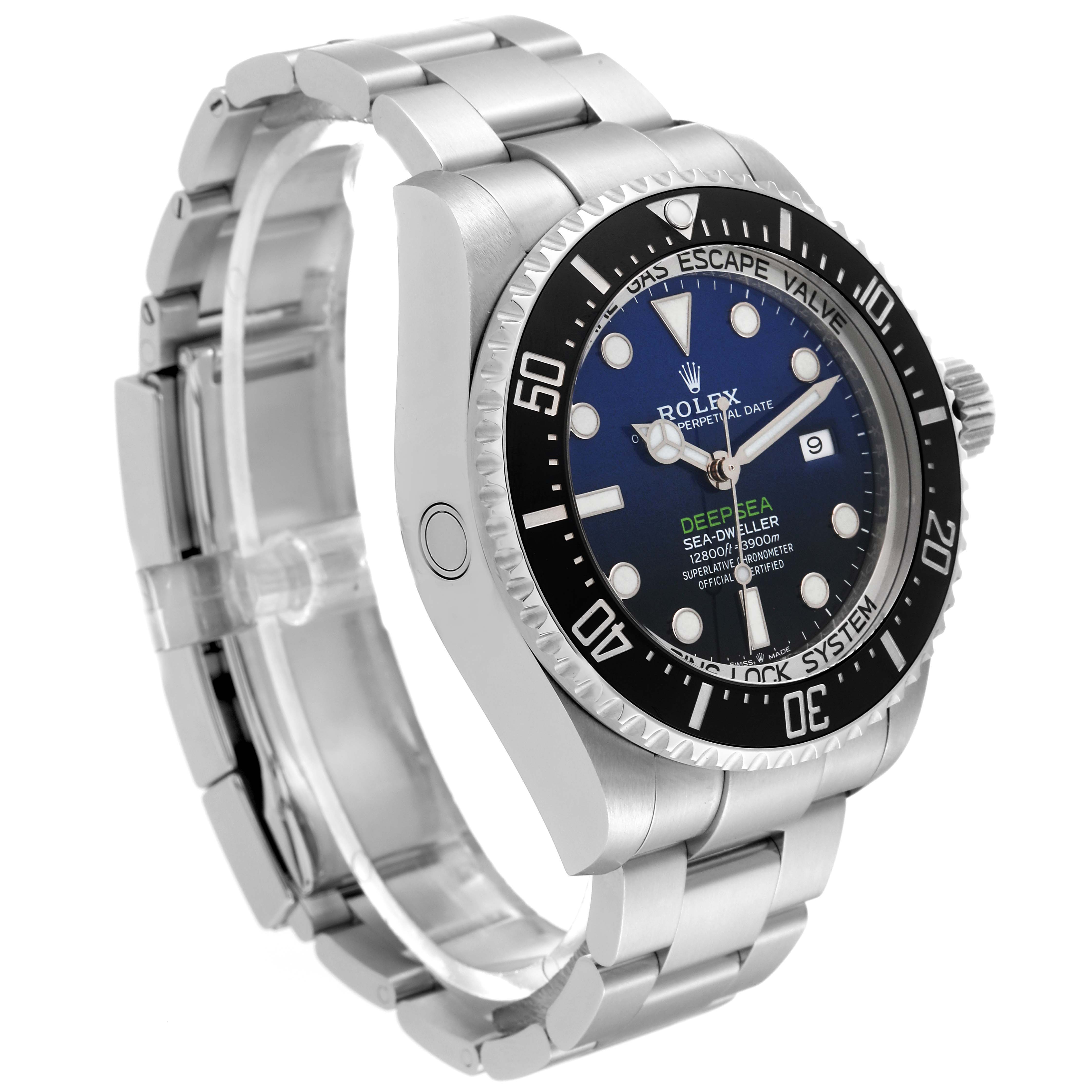 The image shows a side angle of the Rolex Sea-Dweller 126660 Men's Stainless Steel Blue Dial 126660 Men's Stainless Steel Blue Dial watch, highlighting its face, bezel, and bracelet.