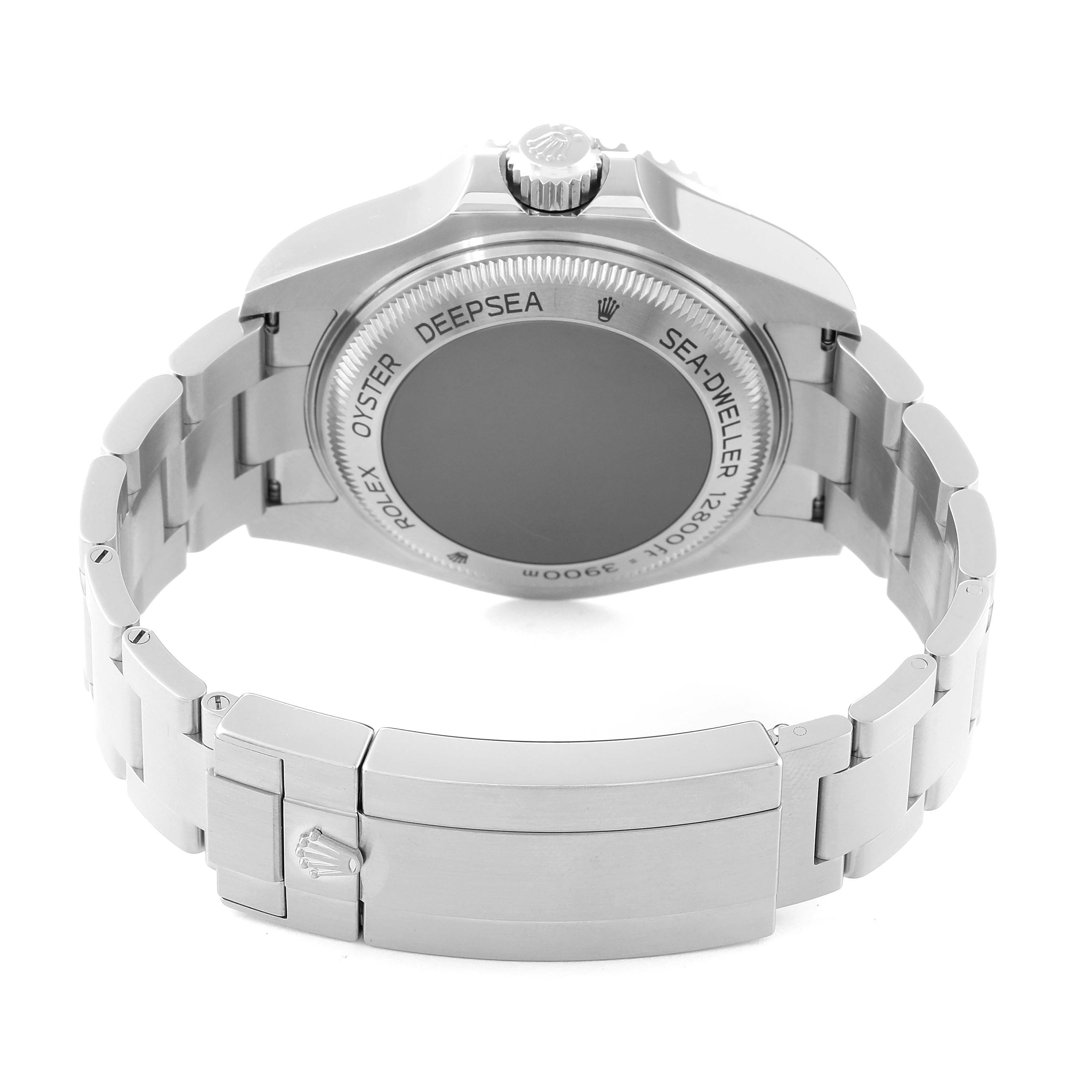 The image shows the back view of a Rolex Sea-Dweller 126660 Men's Stainless Steel Blue Dial 126660 Men's Stainless Steel Blue Dial watch, highlighting its case back, bracelet, and clasp.