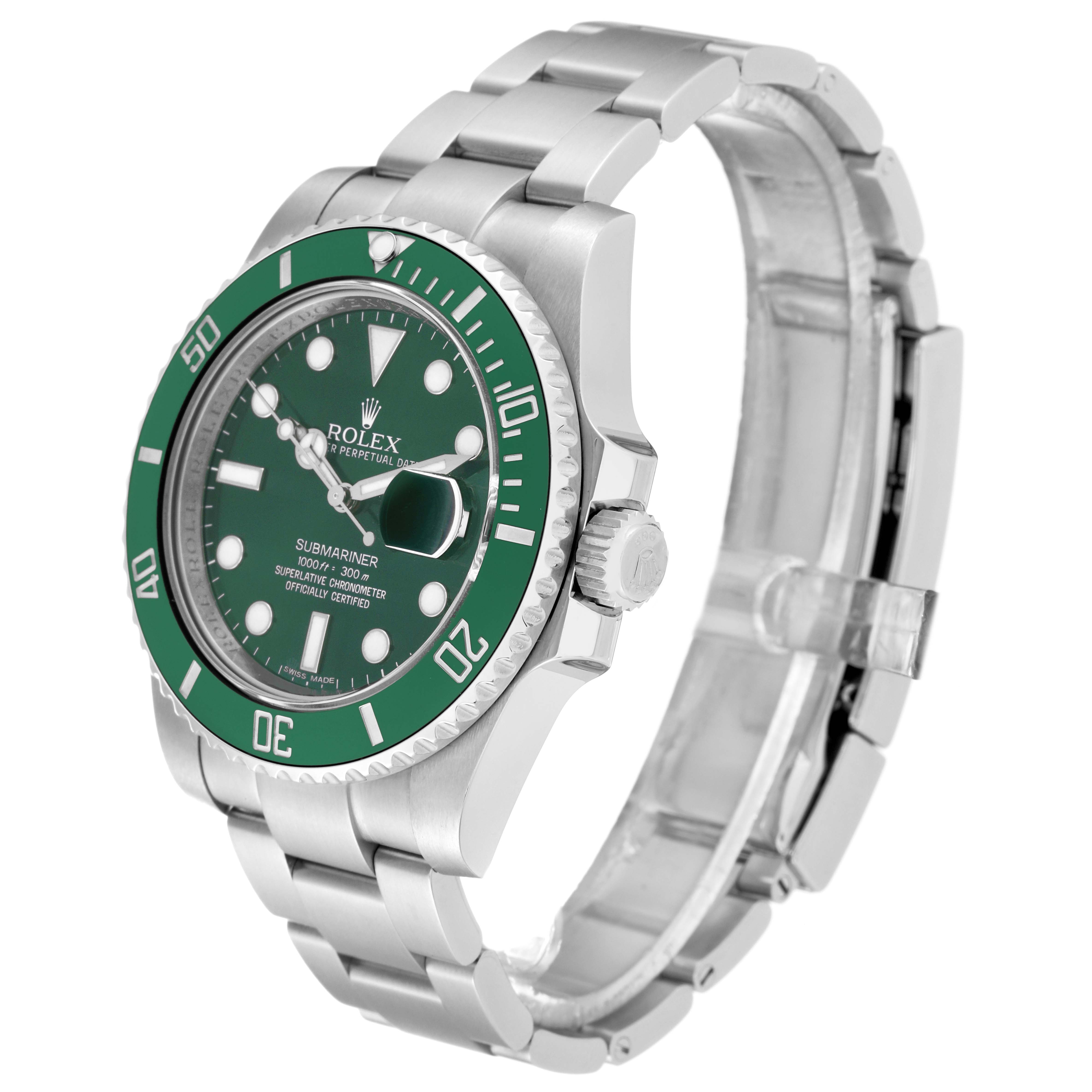 The image shows a Rolex Submariner 116610LV Men's Stainless Steel Green Dial 116610LV Men's Stainless Steel Green Dial watch from an angled side view, highlighting its dial, bezel, and bracelet.