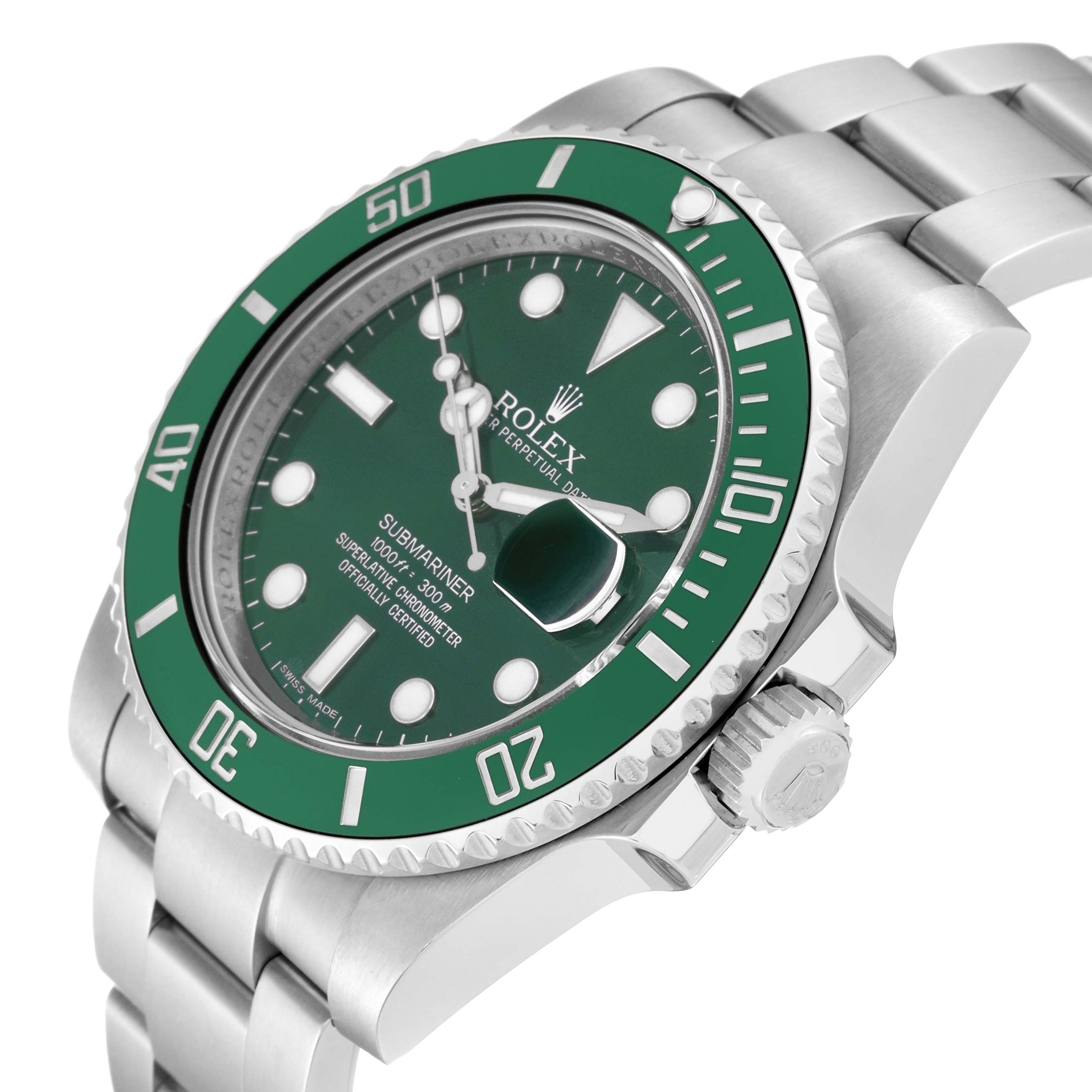 This image shows a Rolex Submariner 116610LV Men's Stainless Steel Green Dial 116610LV Men's Stainless Steel Green Dial watch at an oblique angle, highlighting the green bezel, dial, crown, and part of the bracelet.