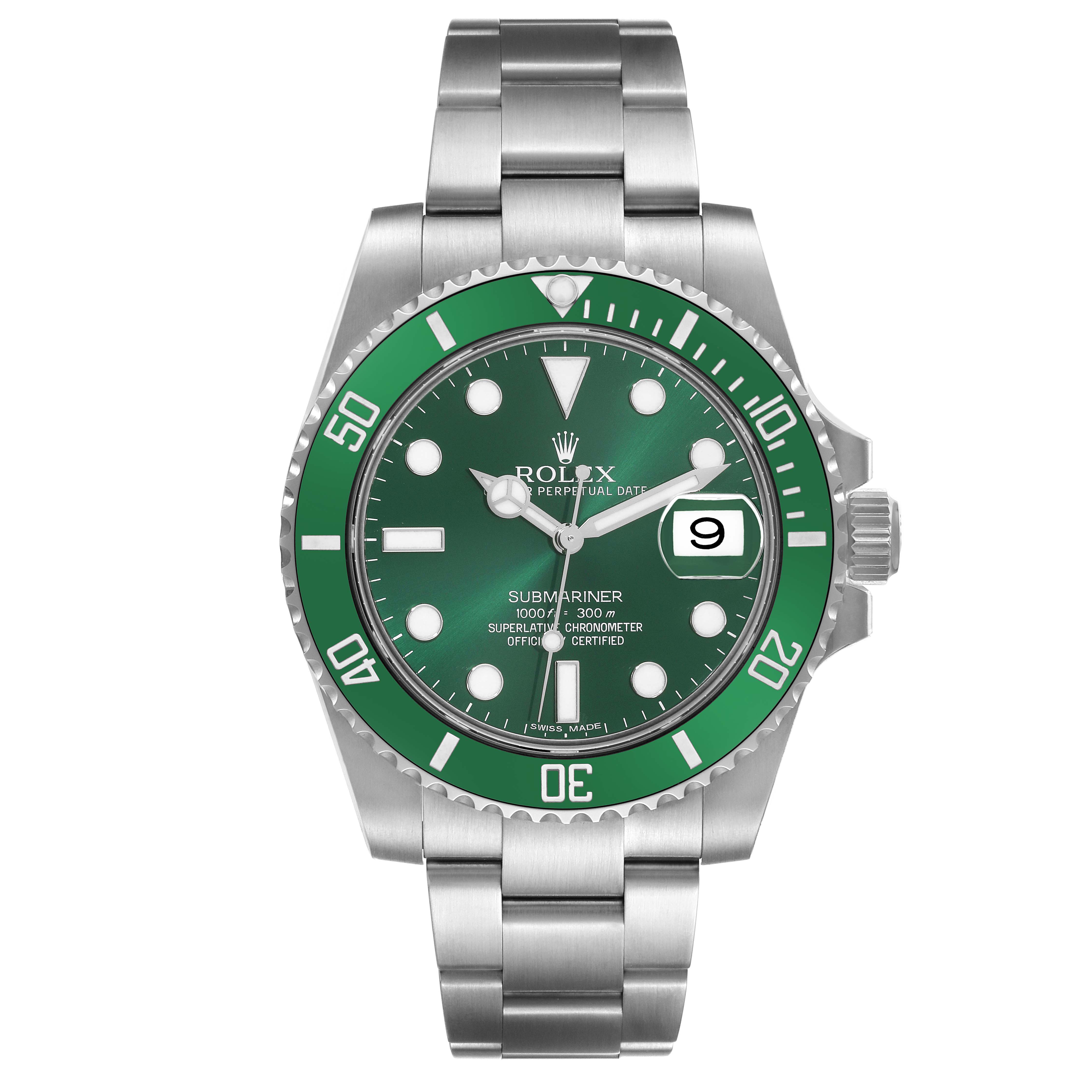 This image shows a front view of a Rolex Submariner 116610LV Men's Stainless Steel Green Dial 116610LV Men's Stainless Steel Green Dial watch featuring a green bezel and dial.
