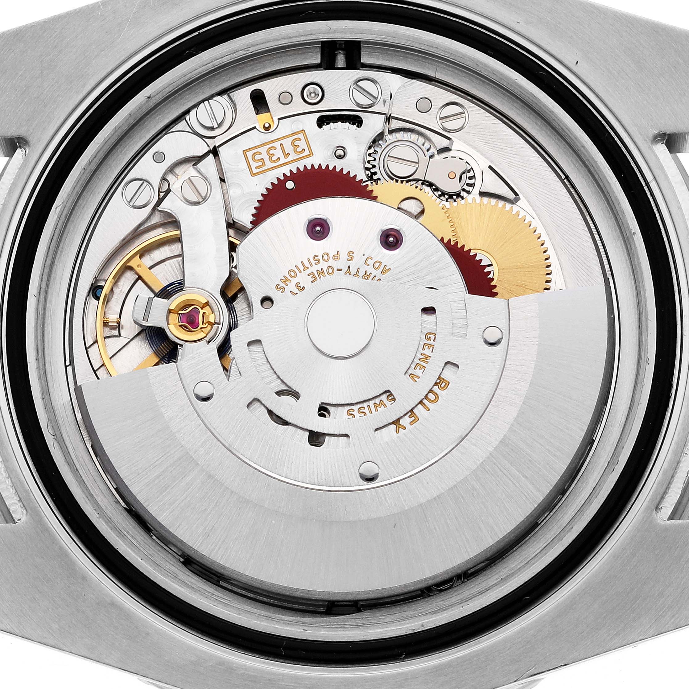This image shows the internal mechanical movement of the Rolex Submariner 116610LV Men's Stainless Steel Green Dial 116610LV Men's Stainless Steel Green Dial, taken from a straight-on angle with the case back removed.