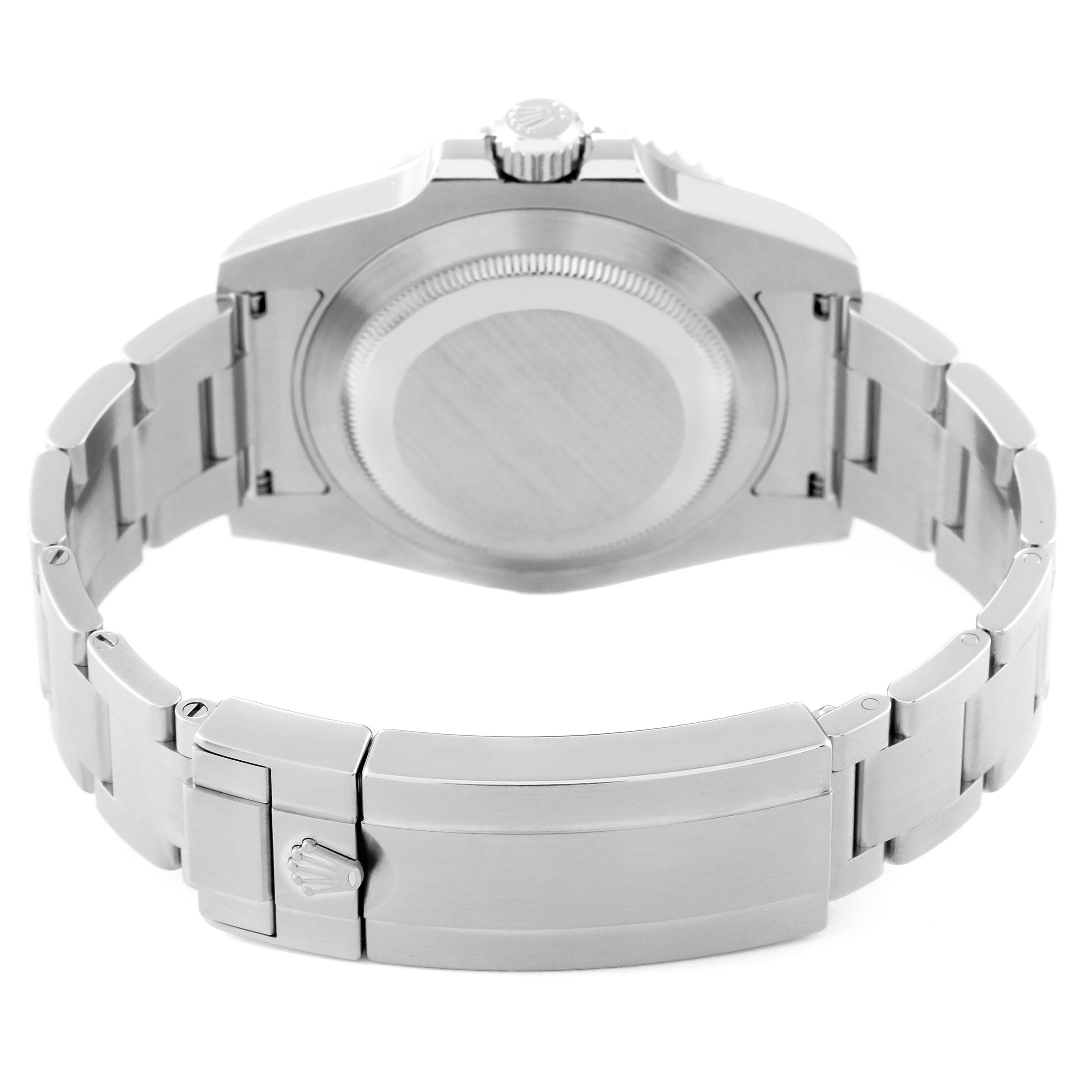 This image shows the back view of a Rolex Submariner 116610LV Men's Stainless Steel Green Dial 116610LV Men's Stainless Steel Green Dial watch, highlighting the case back, bracelet, and clasp.