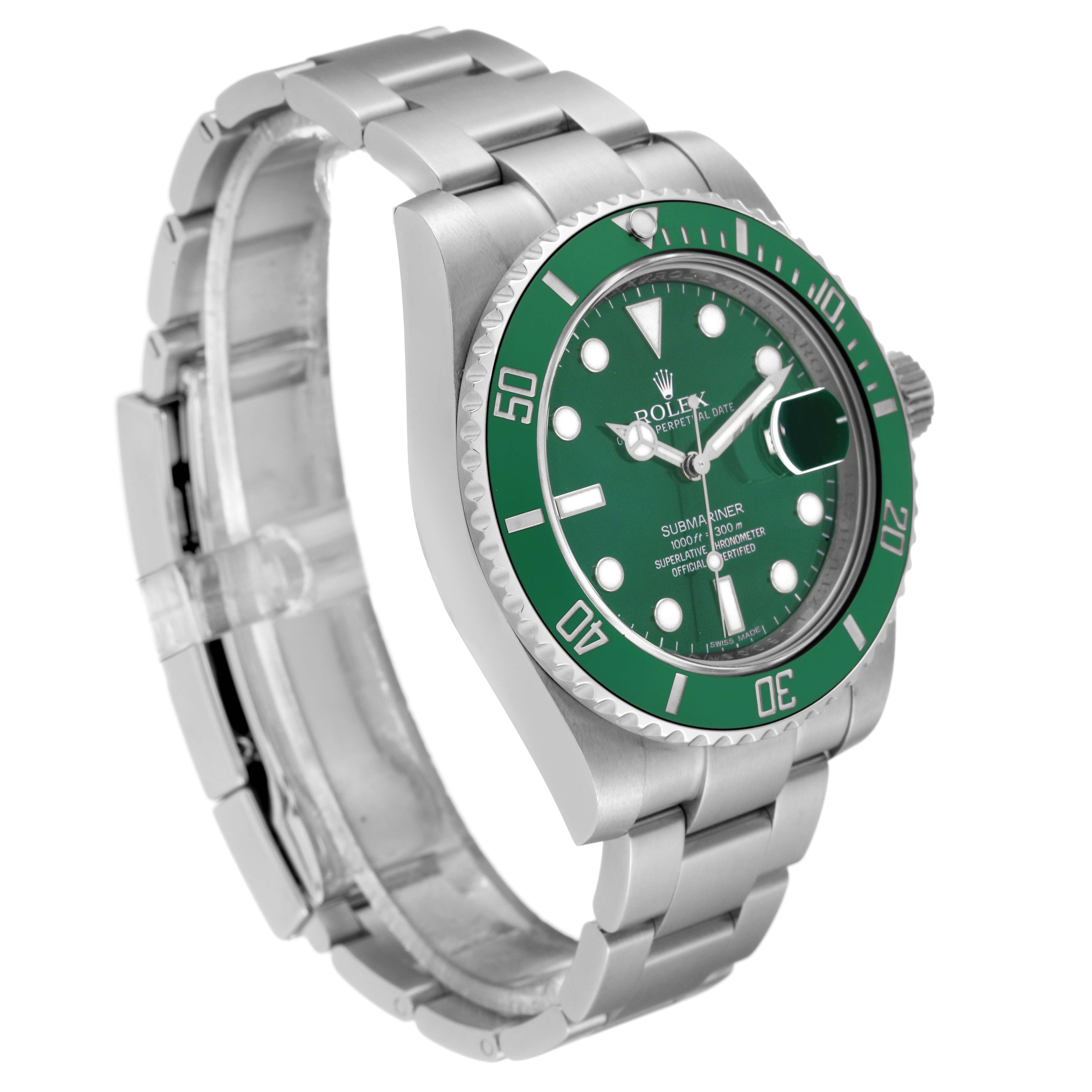 This image shows a Rolex Submariner 116610LV Men's Stainless Steel Green Dial 116610LV Men's Stainless Steel Green Dial watch at a slight angle, highlighting the green dial, bezel, and stainless steel bracelet.