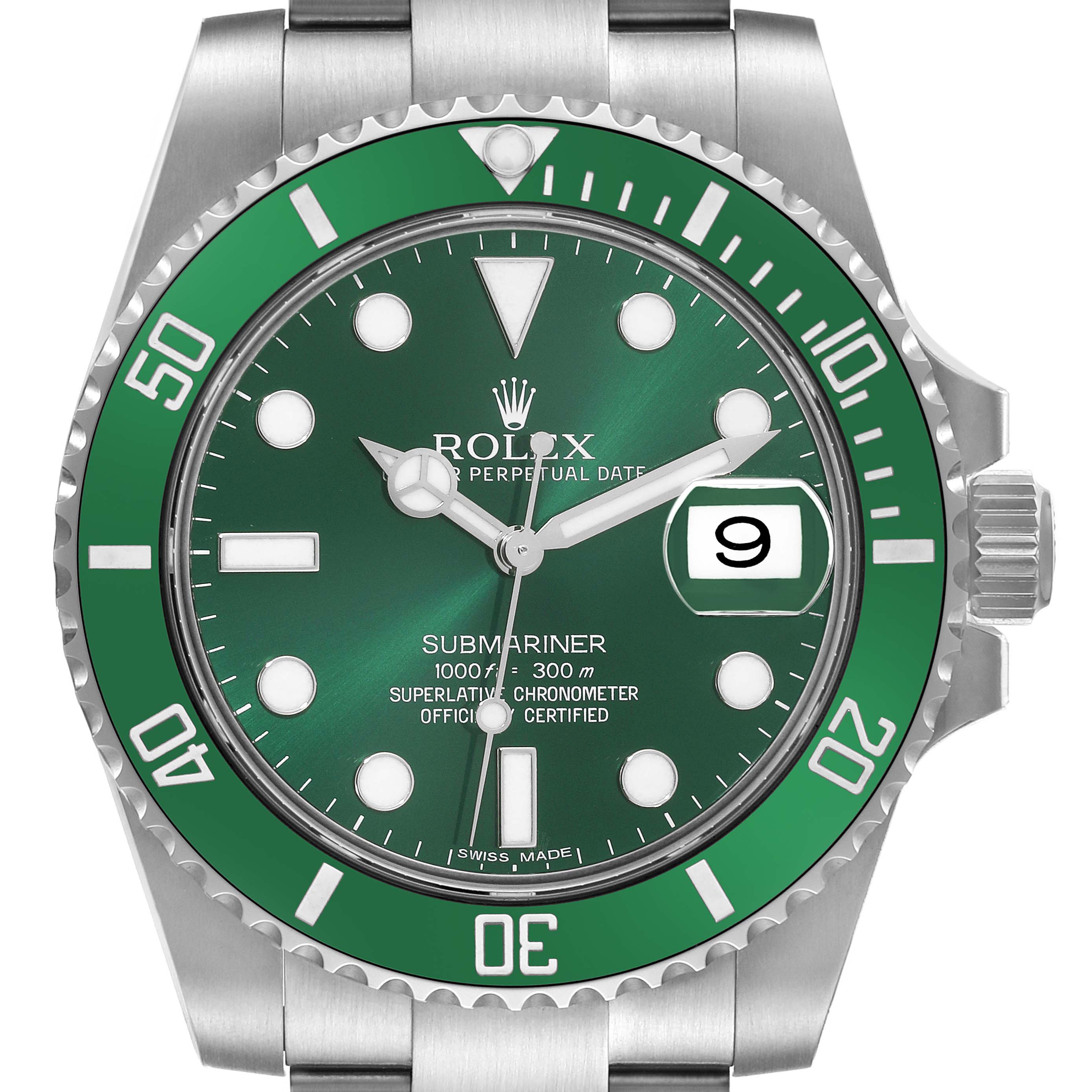 This close-up image shows the dial and bezel of a Rolex Submariner 116610LV Men's Stainless Steel Green Dial 116610LV Men's Stainless Steel Green Dial watch, featuring a green face and date display.