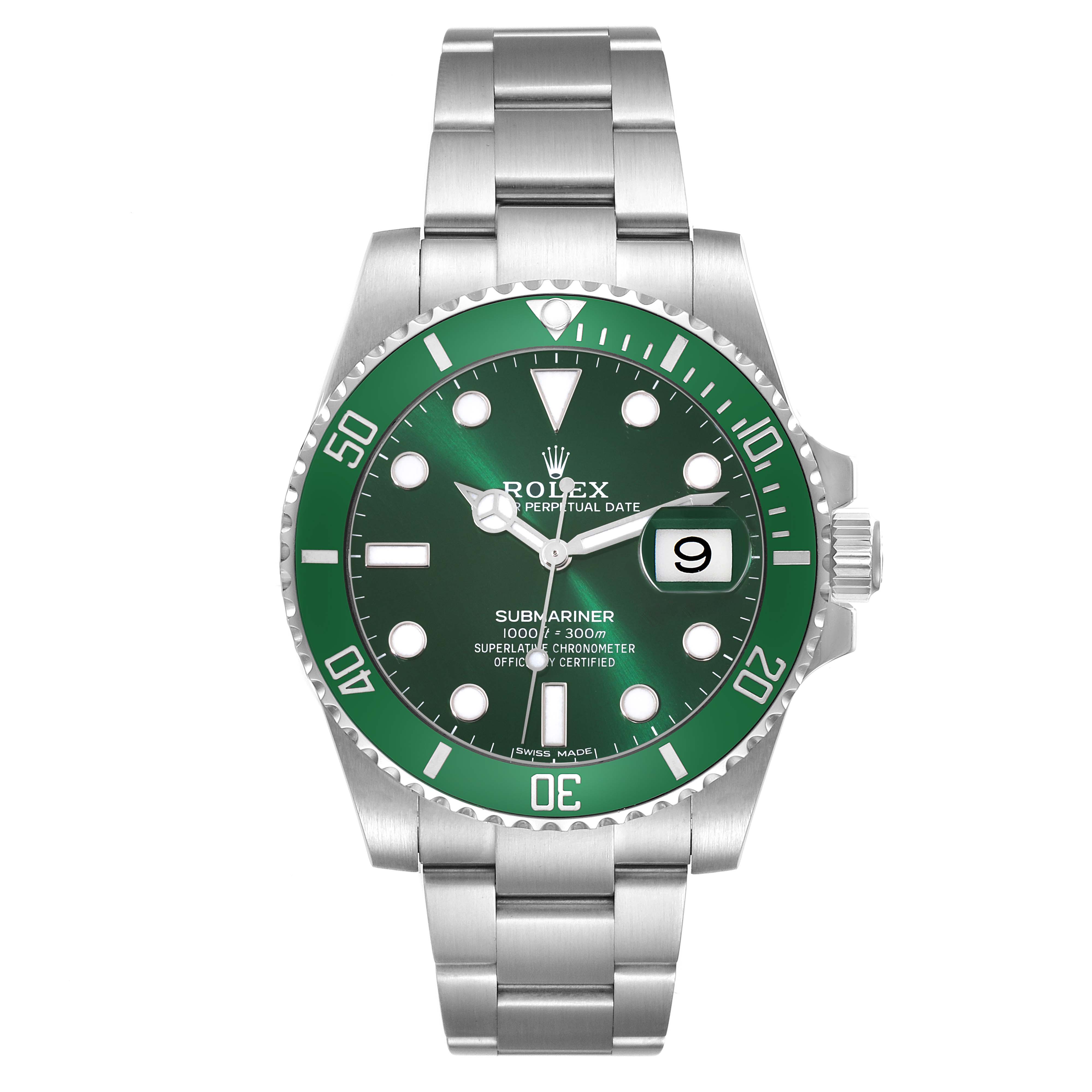 This image shows a front view of a Rolex Submariner 116610LV Men's Stainless Steel Green Dial 116610LV Men's Stainless Steel Green Dial watch with a green dial and bezel, displaying the bracelet, case, and dial.