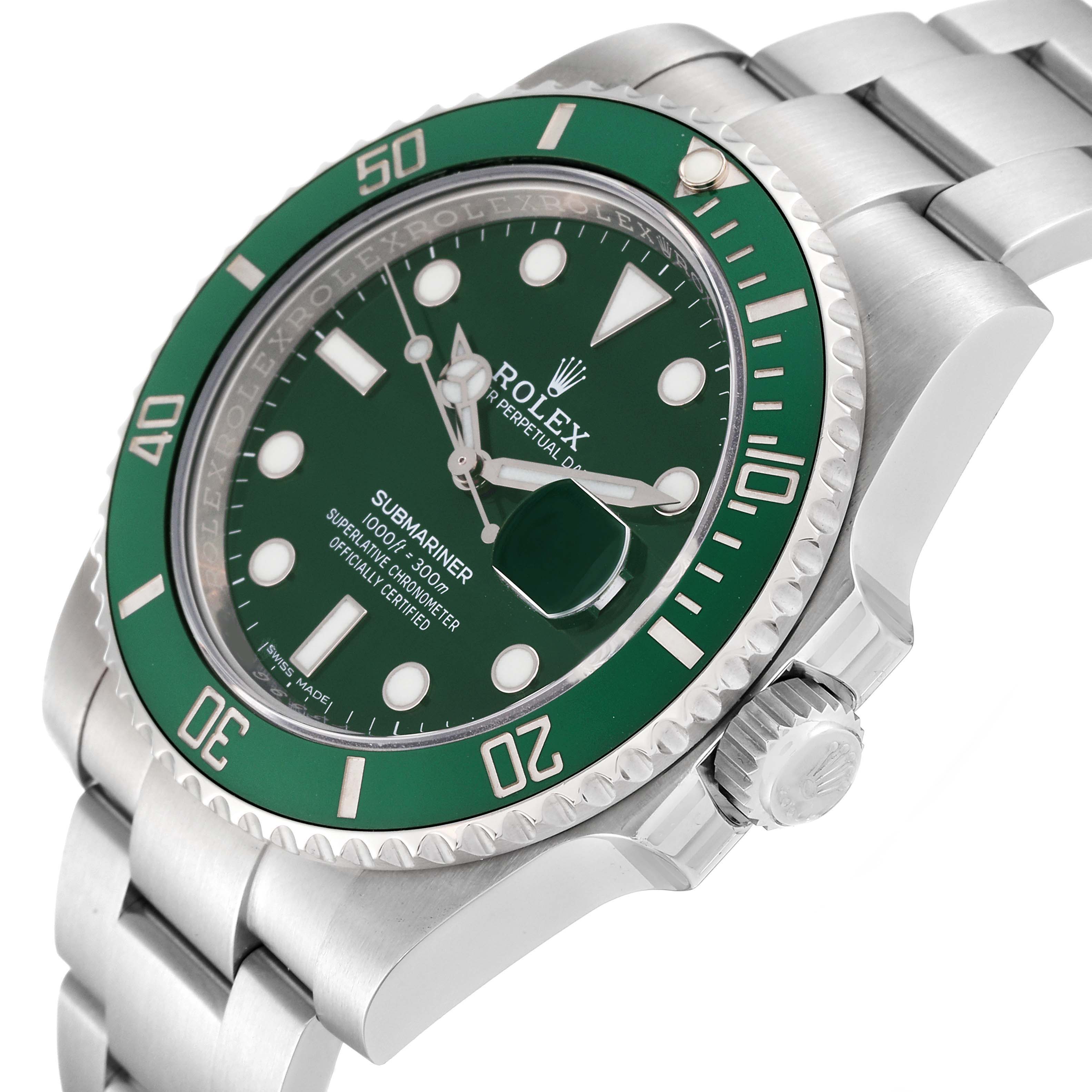 This image shows a close-up of the Rolex Submariner 116610LV Men's Stainless Steel Green Dial 116610LV Men's Stainless Steel Green Dial watch at an angle highlighting the bezel, dial, crown, and part of the bracelet.