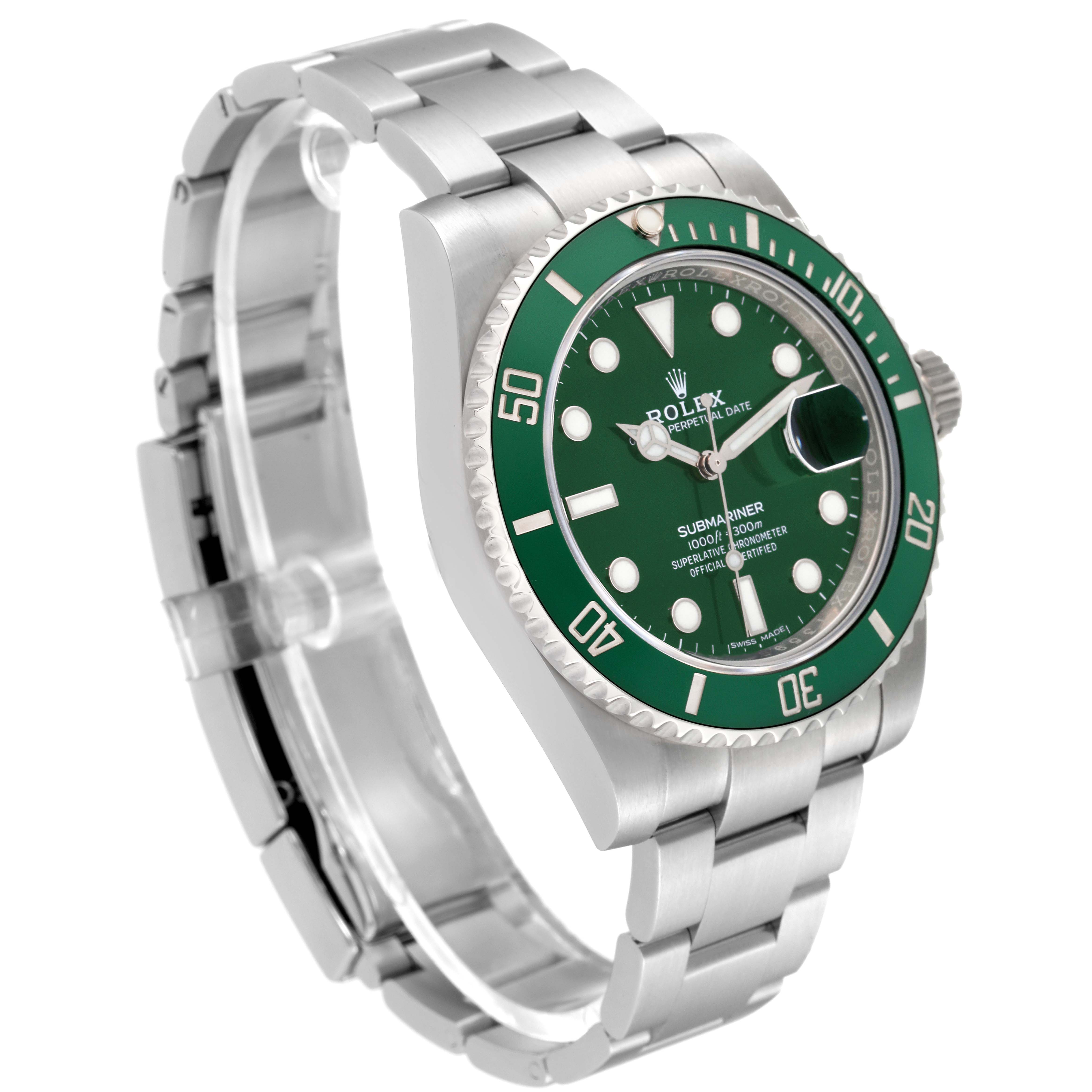 The image shows a Rolex Submariner 116610LV Men's Stainless Steel Green Dial 116610LV Men's Stainless Steel Green Dial watch from a three-quarters angle, highlighting the green bezel, dial, and metal bracelet.