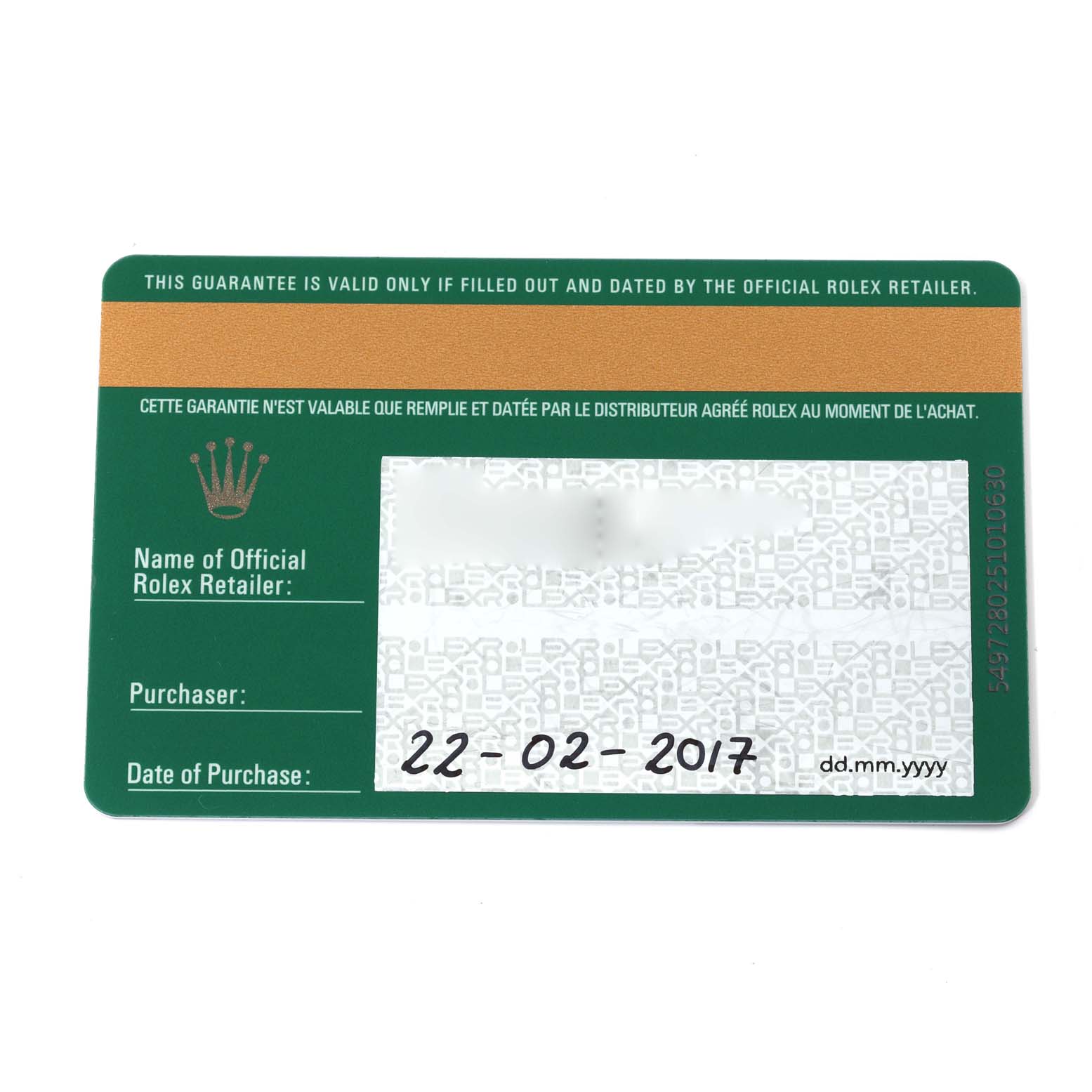 This image shows the warranty card for a Rolex Submariner 116610LV Men's Stainless Steel Green Dial 116610LV Men's Stainless Steel Green Dial, with details such as the retailer's name, purchaser, and date of purchase.
