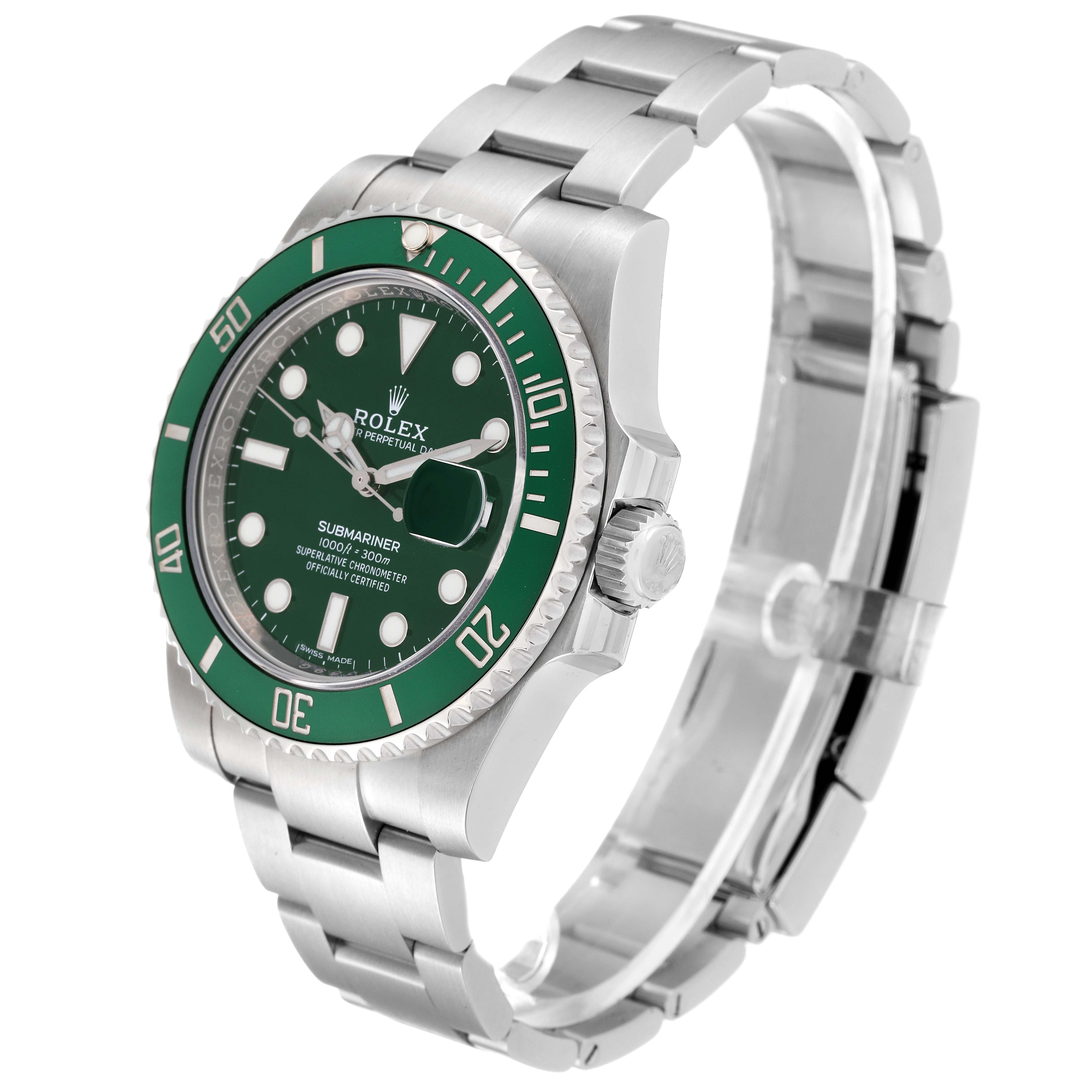 The image shows a Rolex Submariner 116610LV Men's Stainless Steel Green Dial 116610LV Men's Stainless Steel Green Dial watch at a three-quarter angle, highlighting its green bezel, dial, and metal bracelet.