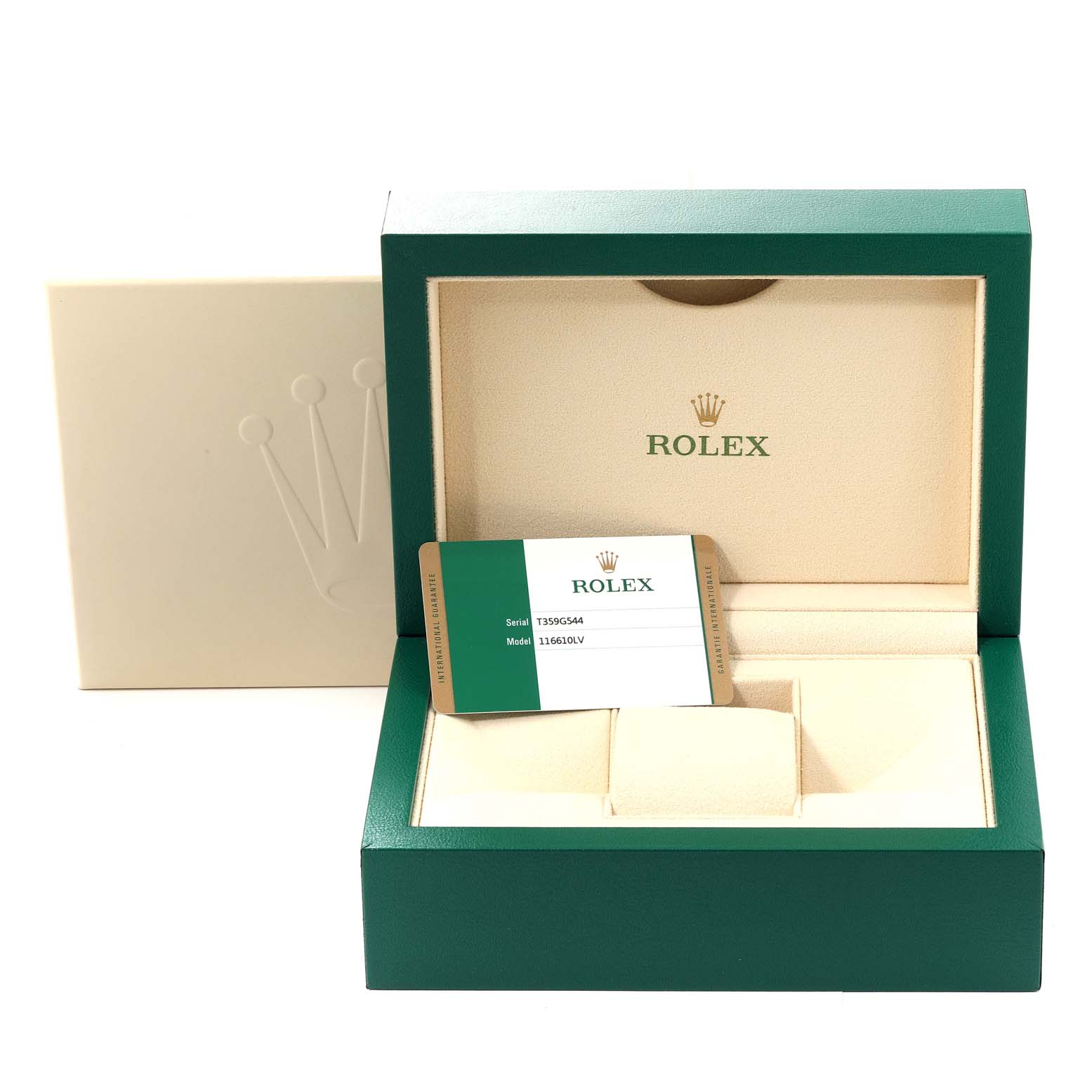 This image shows the packaging and warranty card for a Rolex Submariner 116610LV Men's Stainless Steel Green Dial 116610LV Men's Stainless Steel Green Dial model.