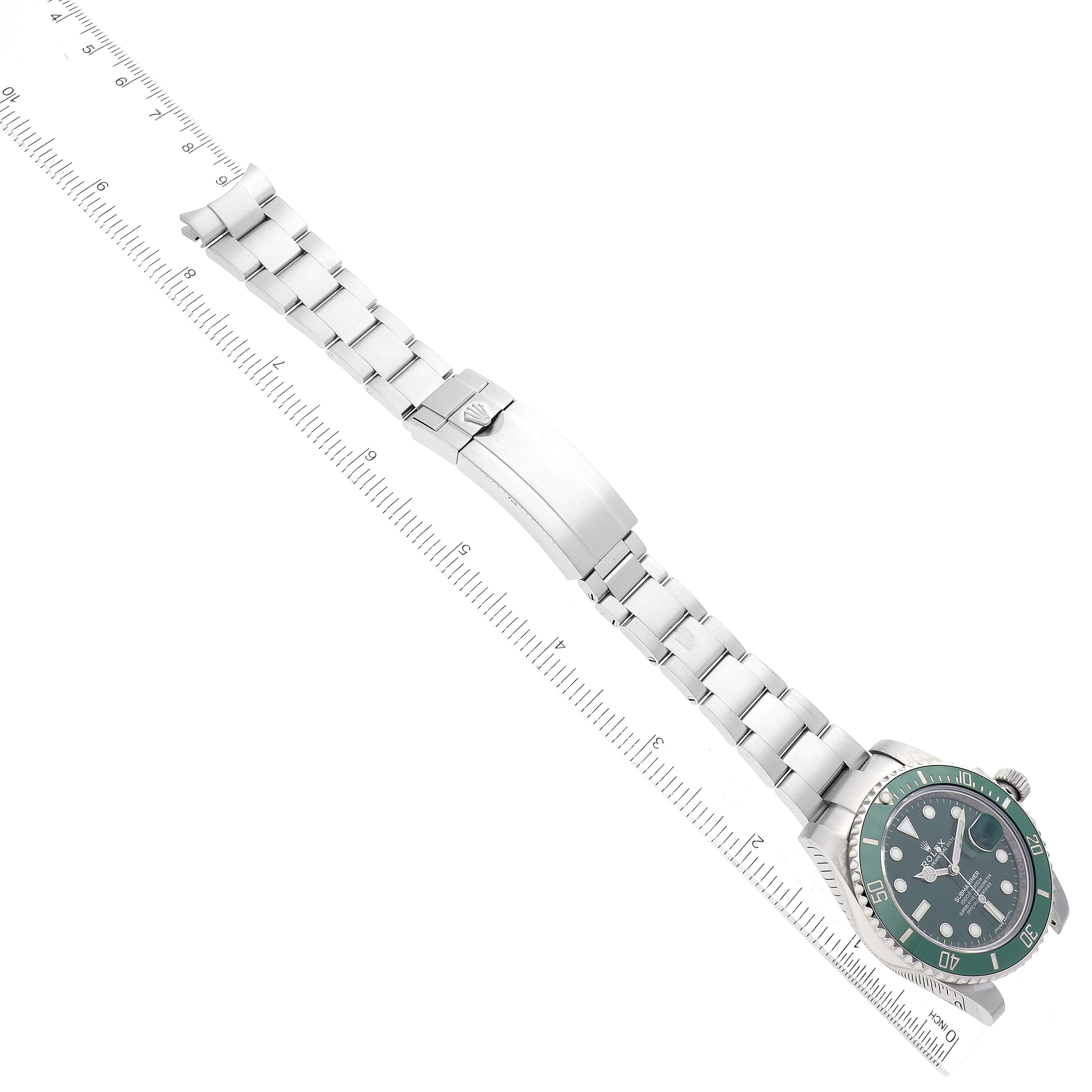 The image shows a Rolex Submariner 116610LV Men's Stainless Steel Green Dial 116610LV Men's Stainless Steel Green Dial watch in a full side view, including the face, bezel, and bracelet, aligned with rulers.