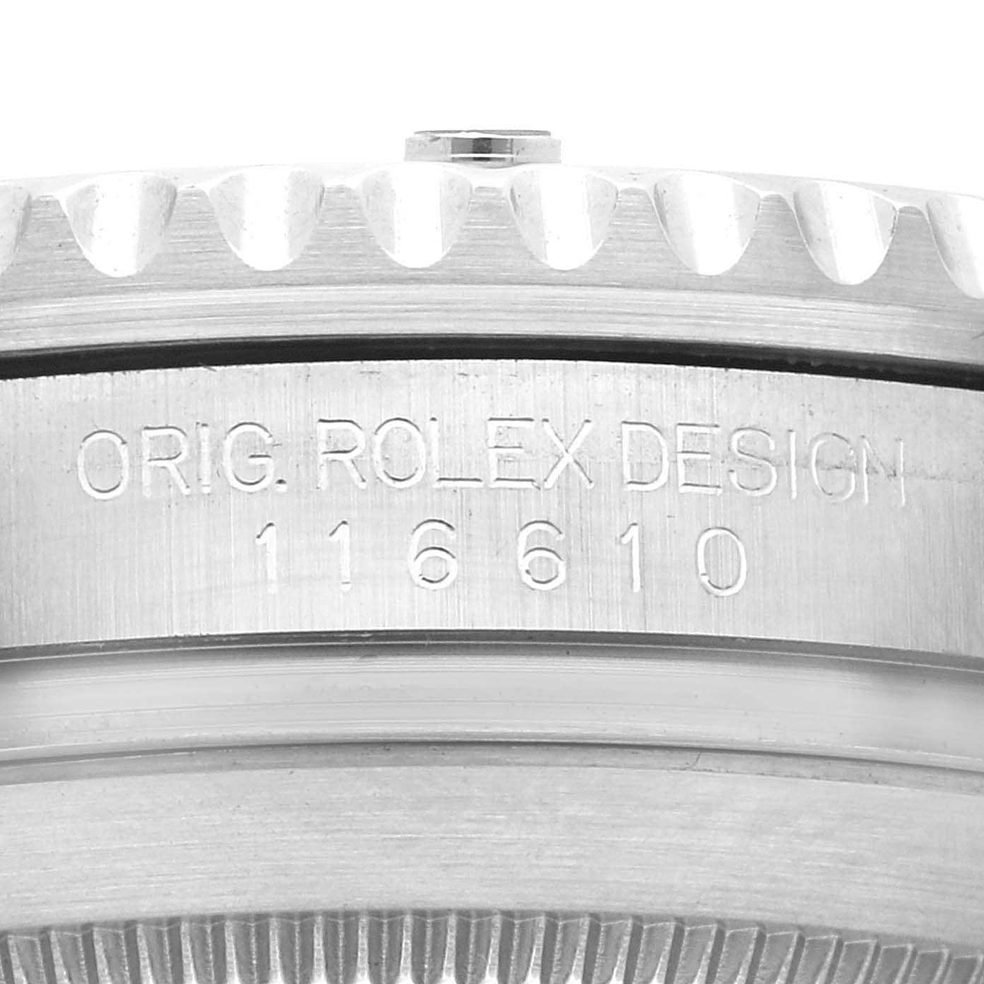 This image shows a close-up view of the side case and bezel of a Rolex Submariner 116610LV Men's Stainless Steel Green Dial 116610LV Men's Stainless Steel Green Dial watch, featuring the model number 116610.