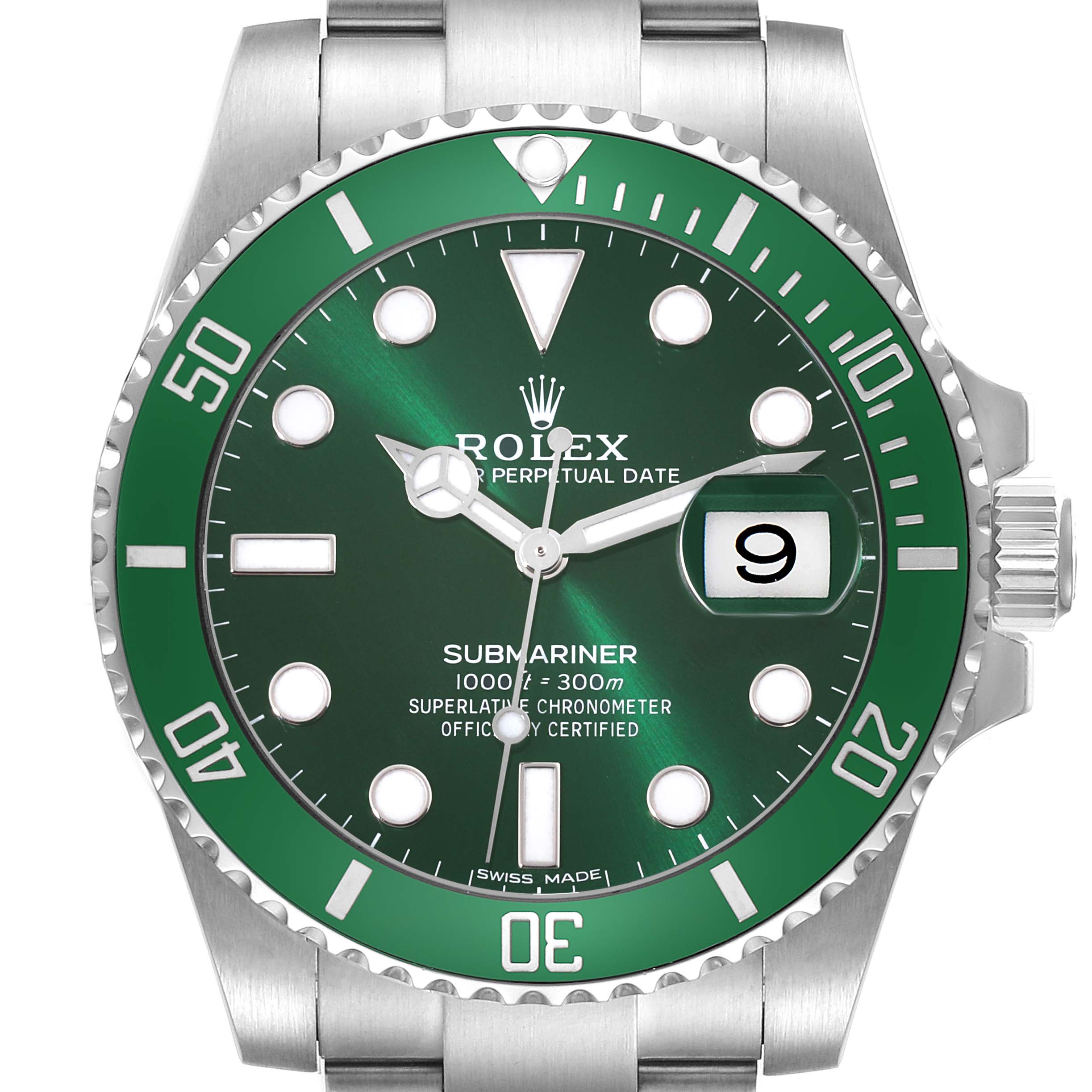 This image shows the front view of a Rolex Submariner 116610LV Men's Stainless Steel Green Dial 116610LV Men's Stainless Steel Green Dial with a green dial and bezel, displaying the brand, model, and date window.