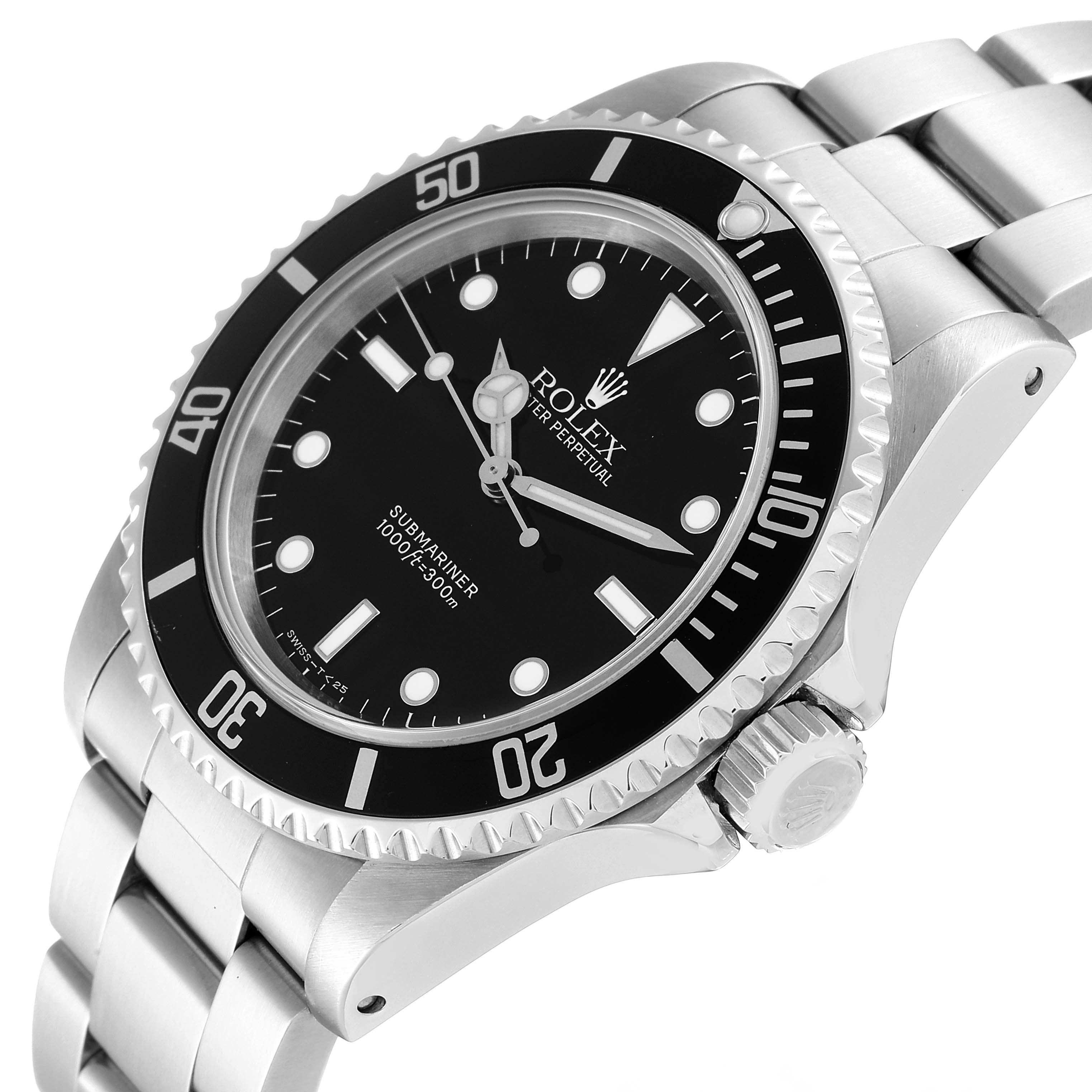 The Rolex Submariner 14060 Men's Stainless Steel Black Dial 14060 Men's Stainless Steel Black Dial is shown at a three-quarter angle, displaying the dial, bezel, crown, and bracelet.