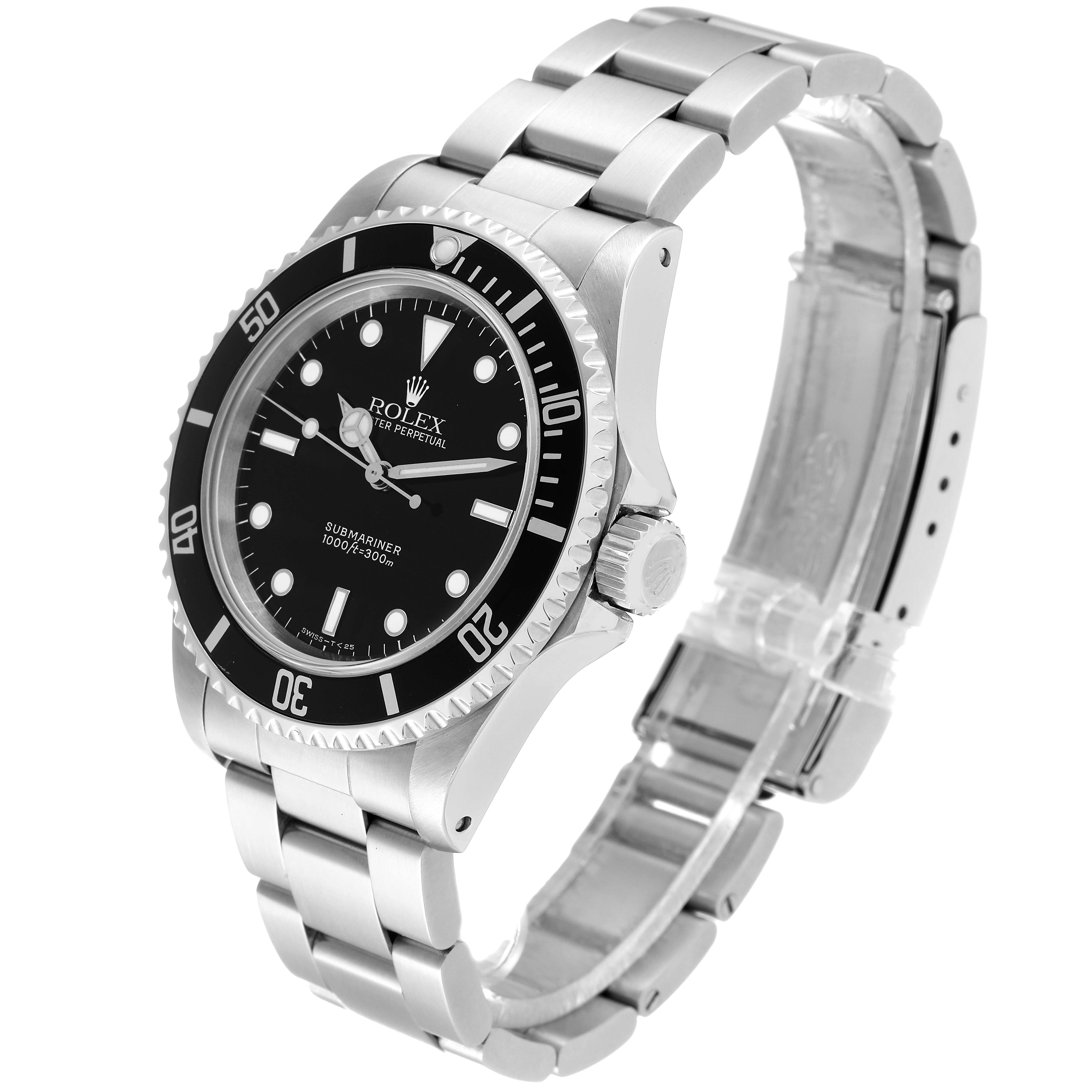 The Rolex Submariner 14060 Men's Stainless Steel Black Dial 14060 Men's Stainless Steel Black Dial watch is shown at an angled view displaying the bezel, dial, bracelet, and crown.