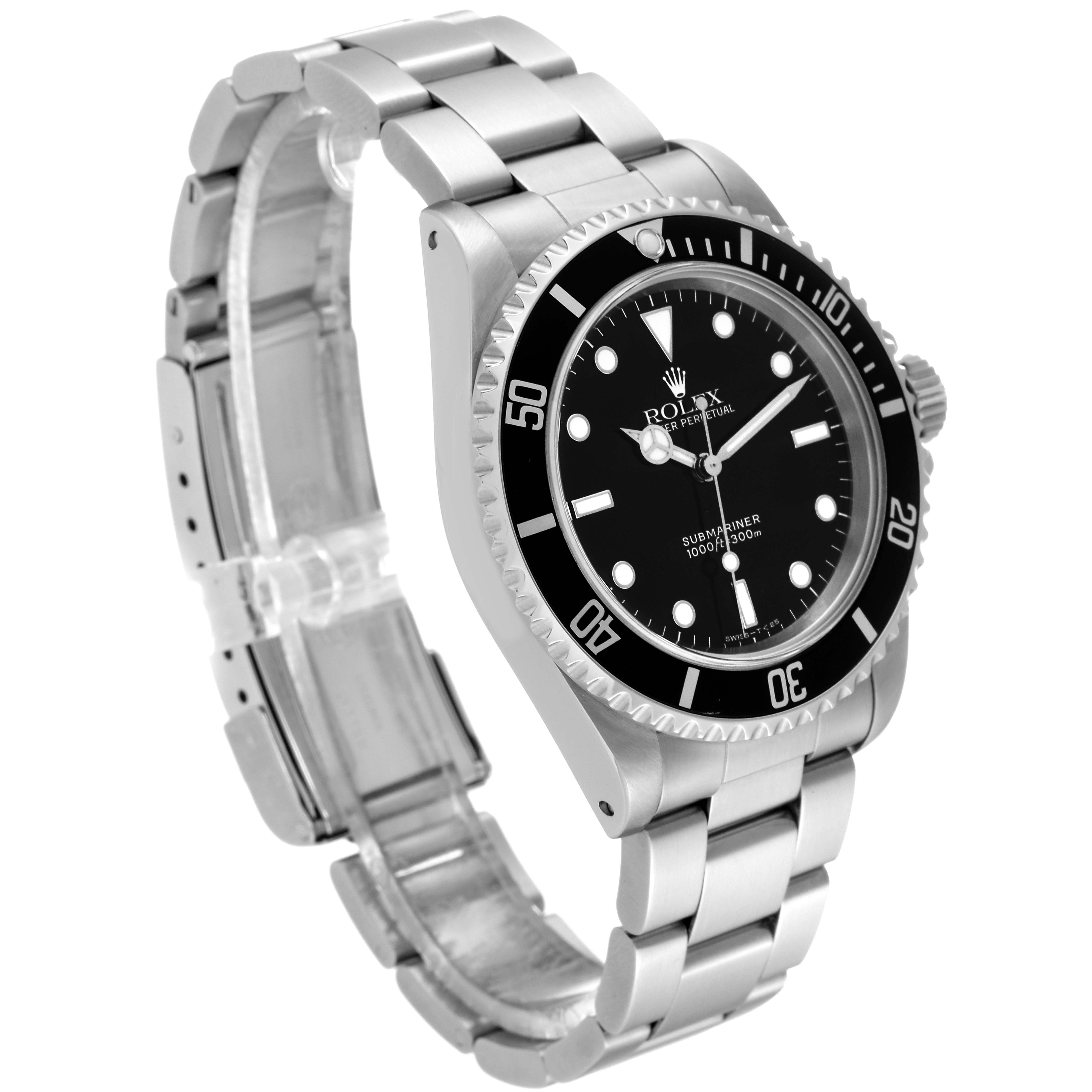 The Rolex Submariner 14060 Men's Stainless Steel Black Dial 14060 Men's Stainless Steel Black Dial is shown at a three-quarter angle highlighting the watch face, bezel, bracelet, and crown.