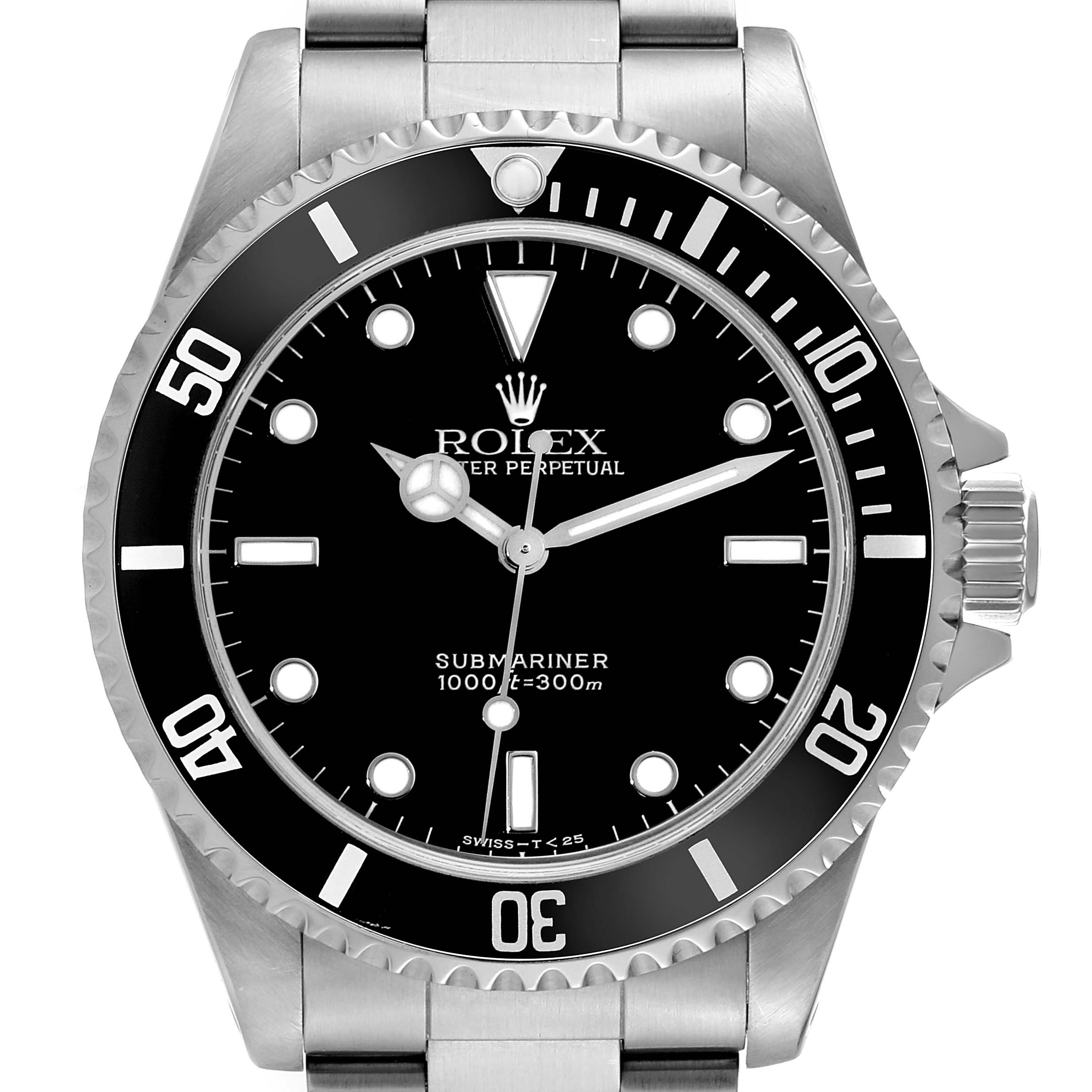 The image shows a front view of a Rolex Submariner 14060 Men's Stainless Steel Black Dial 14060 Men's Stainless Steel Black Dial watch, highlighting the dial, bezel, and bracelet.
