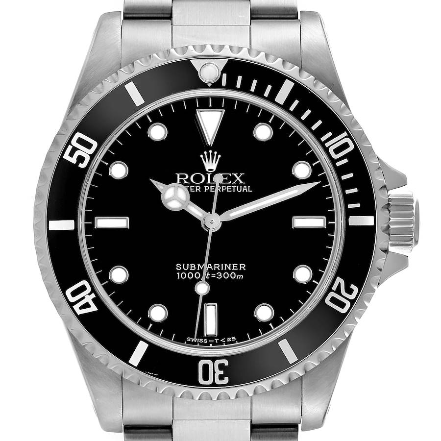 The image shows a front view of a Rolex Submariner watch, highlighting the dial, bezel, and bracelet.