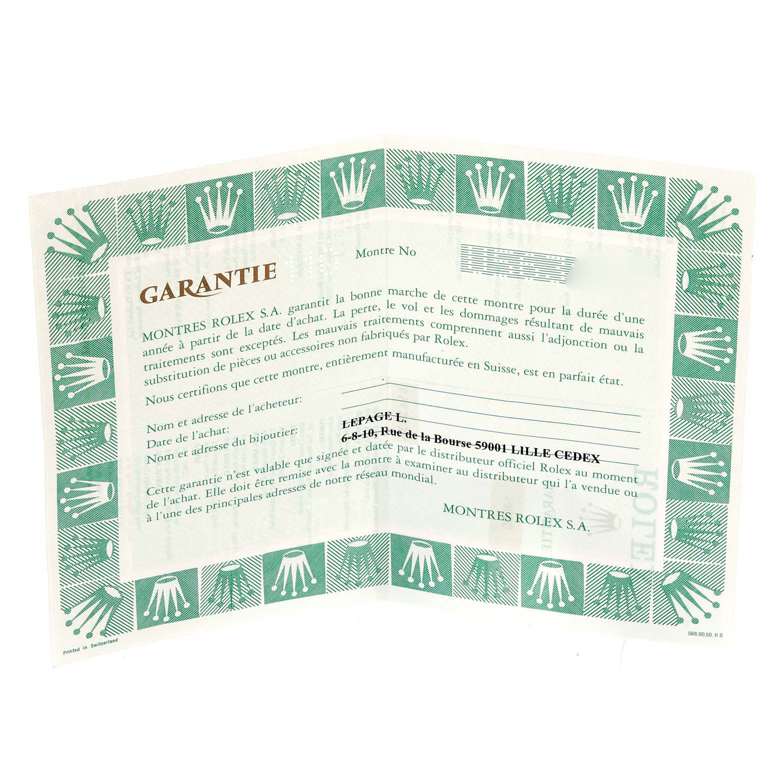 The image shows the warranty card for a Rolex Submariner 14060 Men's Stainless Steel Black Dial 14060 Men's Stainless Steel Black Dial watch, featuring text and a green patterned border.