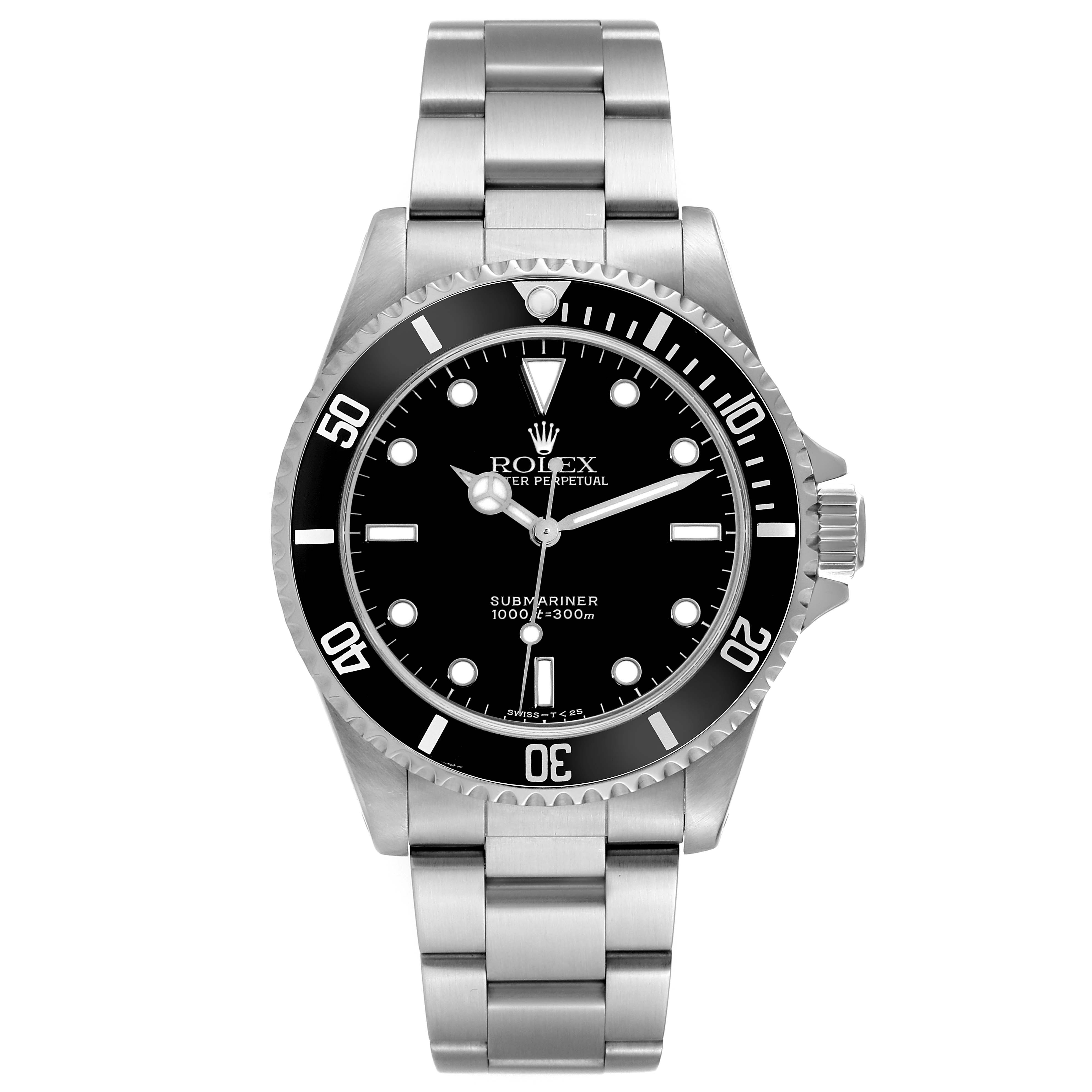 The Rolex Submariner 14060 Men's Stainless Steel Black Dial 14060 Men's Stainless Steel Black Dial watch is shown from the front, displaying the dial, bezel, case, and bracelet.