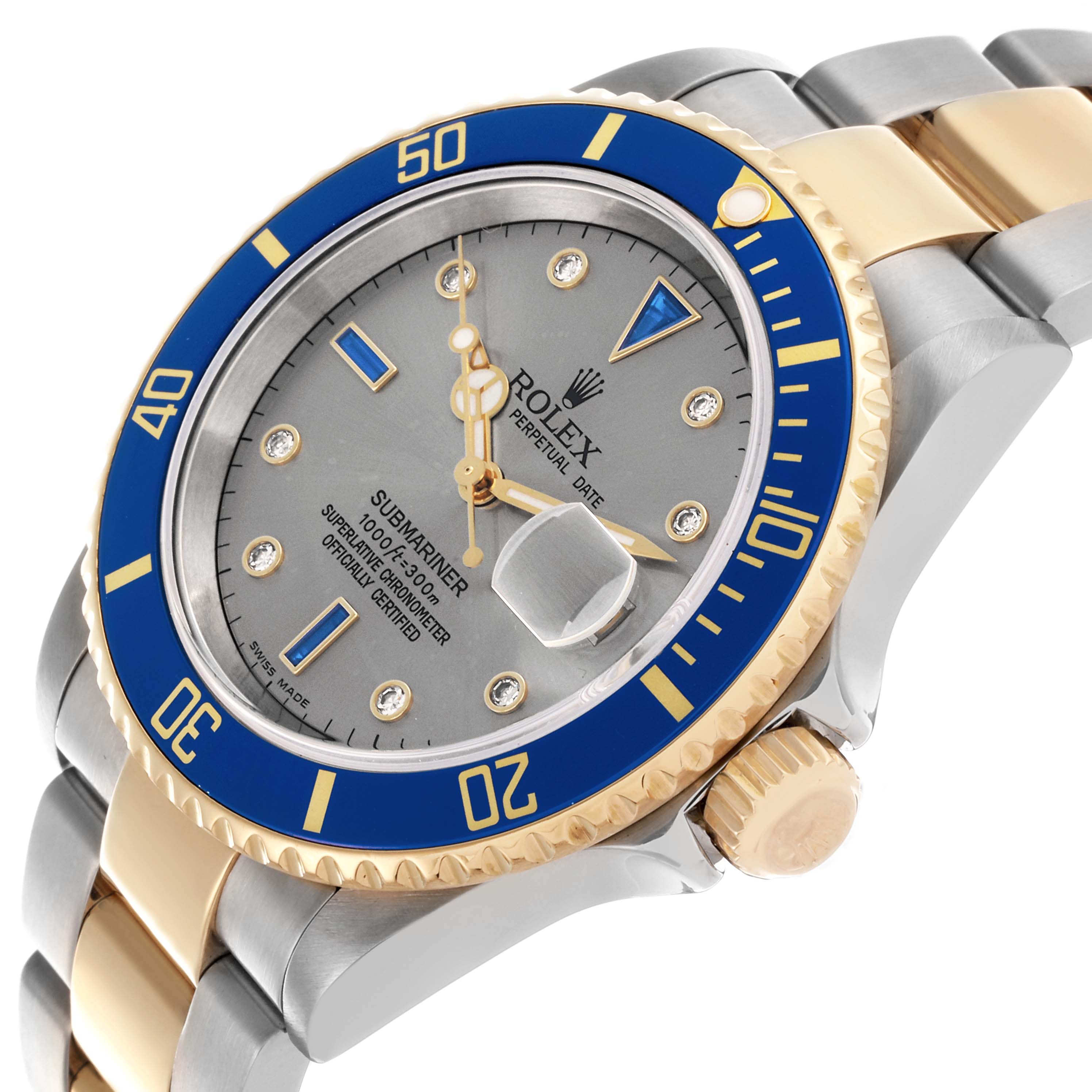 The Rolex Submariner 16613 Men's Steel and Gold (two tone) Grey Dial 16613 Men's Steel and Gold (two tone) Grey Dial watch is shown at an angled view, highlighting the bezel, crown, dial, and two-tone bracelet.