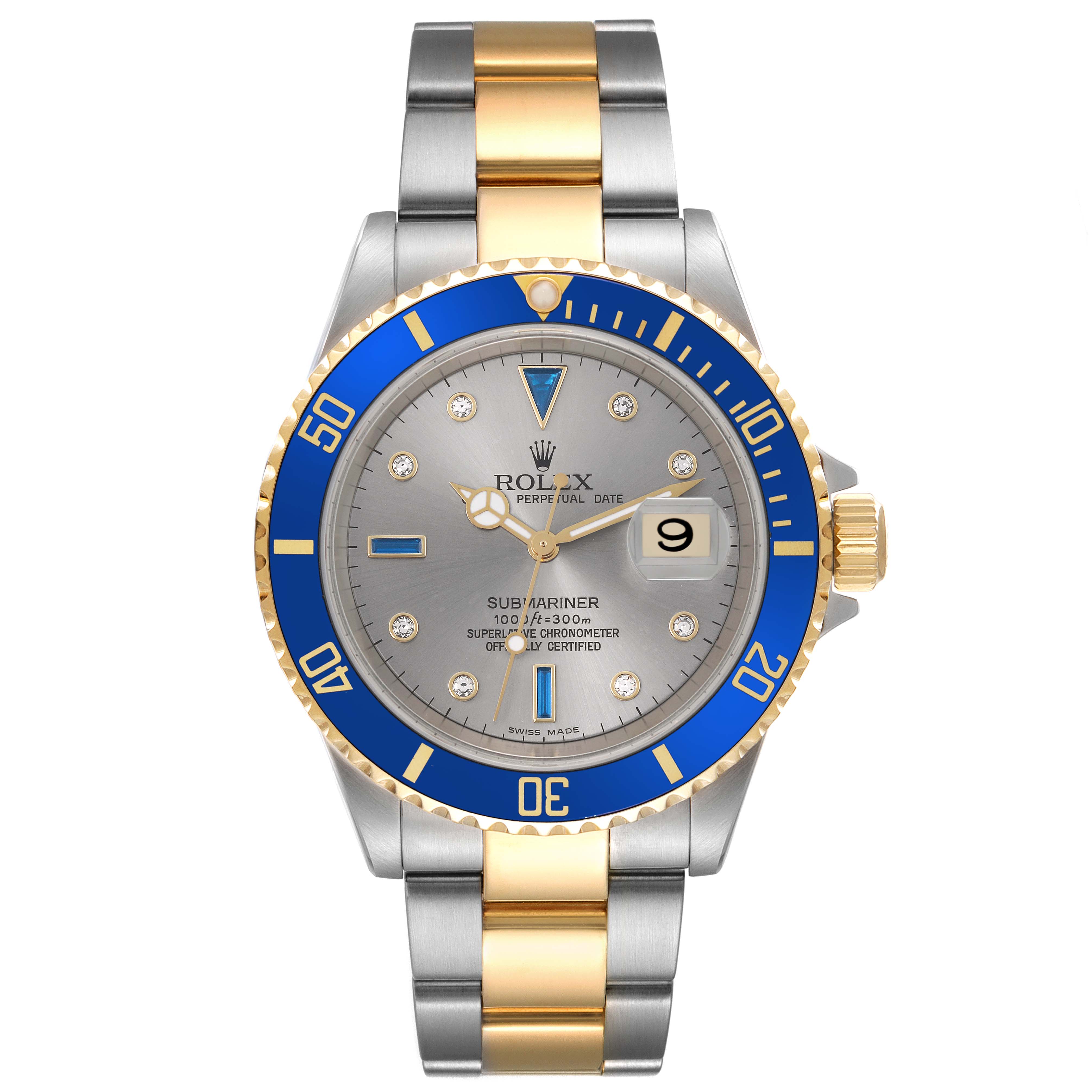 The Rolex Submariner 16613 Men's Steel and Gold (two tone) Grey Dial 16613 Men's Steel and Gold (two tone) Grey Dial watch is shown from a top-down angle, highlighting its bezel, dial, bracelet, and crown.