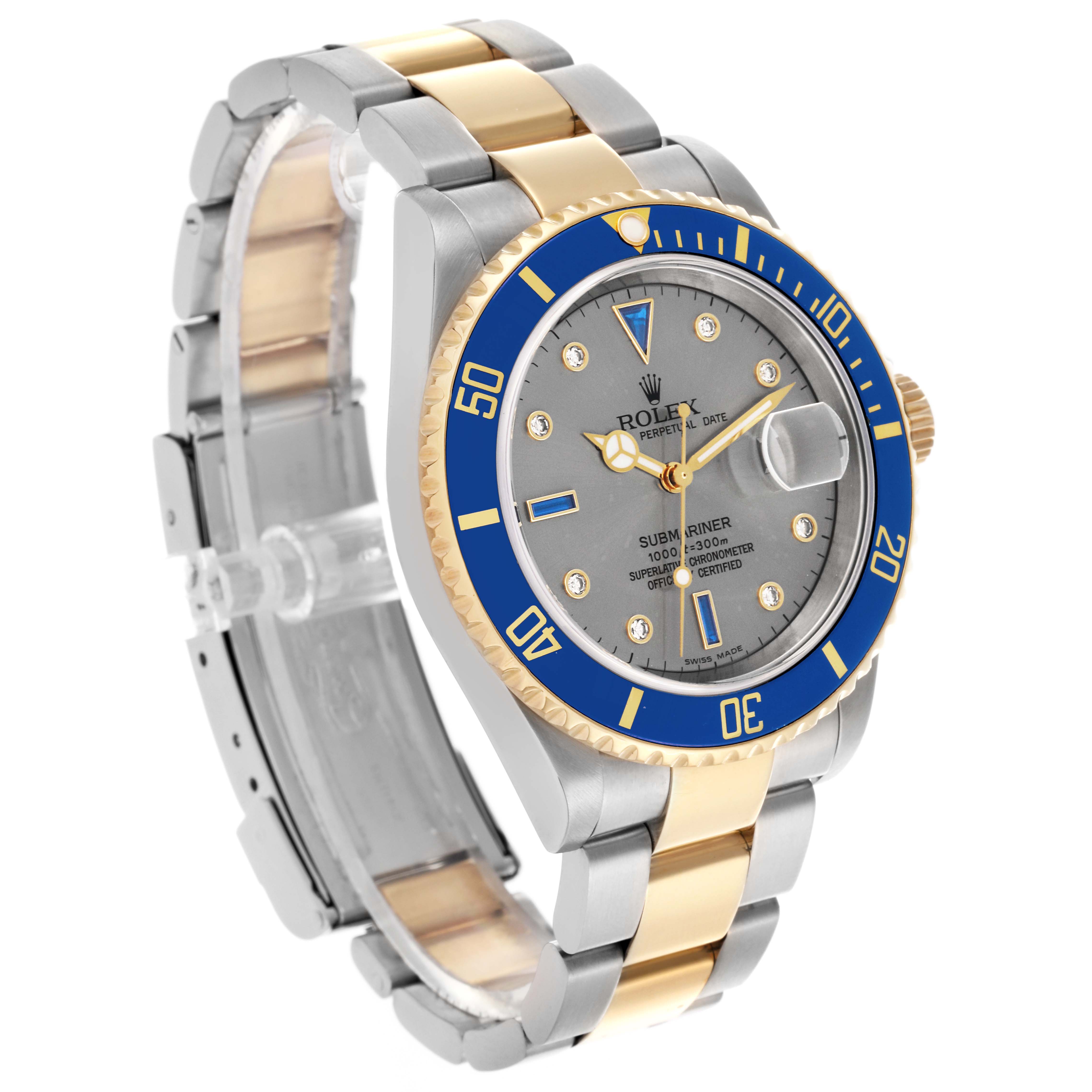 The Rolex Submariner 16613 Men's Steel and Gold (two tone) Grey Dial 16613 Men's Steel and Gold (two tone) Grey Dial watch is shown at a three-quarter angle, highlighting the two-tone bracelet, bezel, and watch face.