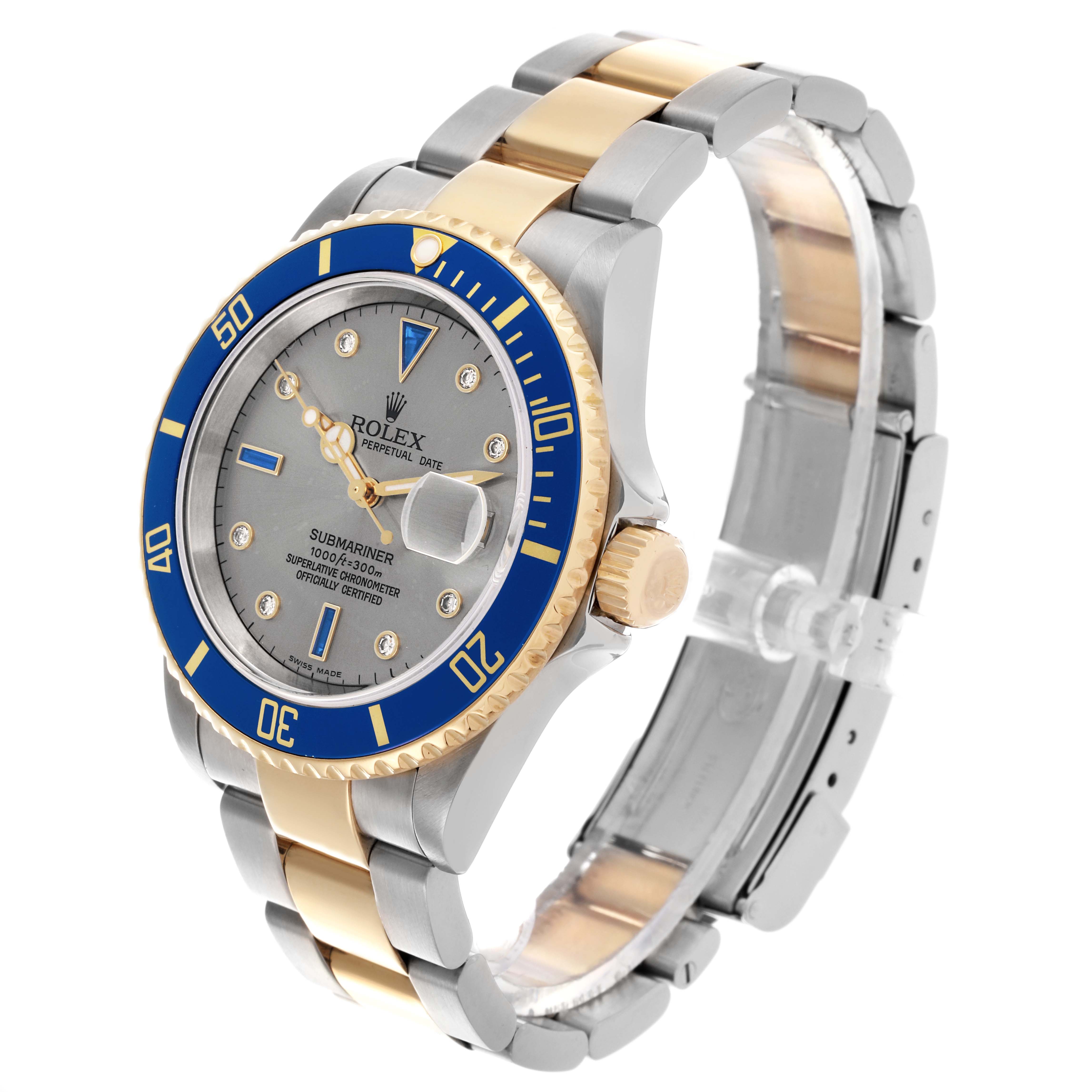 The Rolex Submariner 16613 Men's Steel and Gold (two tone) Grey Dial 16613 Men's Steel and Gold (two tone) Grey Dial watch is shown at a three-quarter angle, displaying the face, bezel, and part of the metal bracelet.