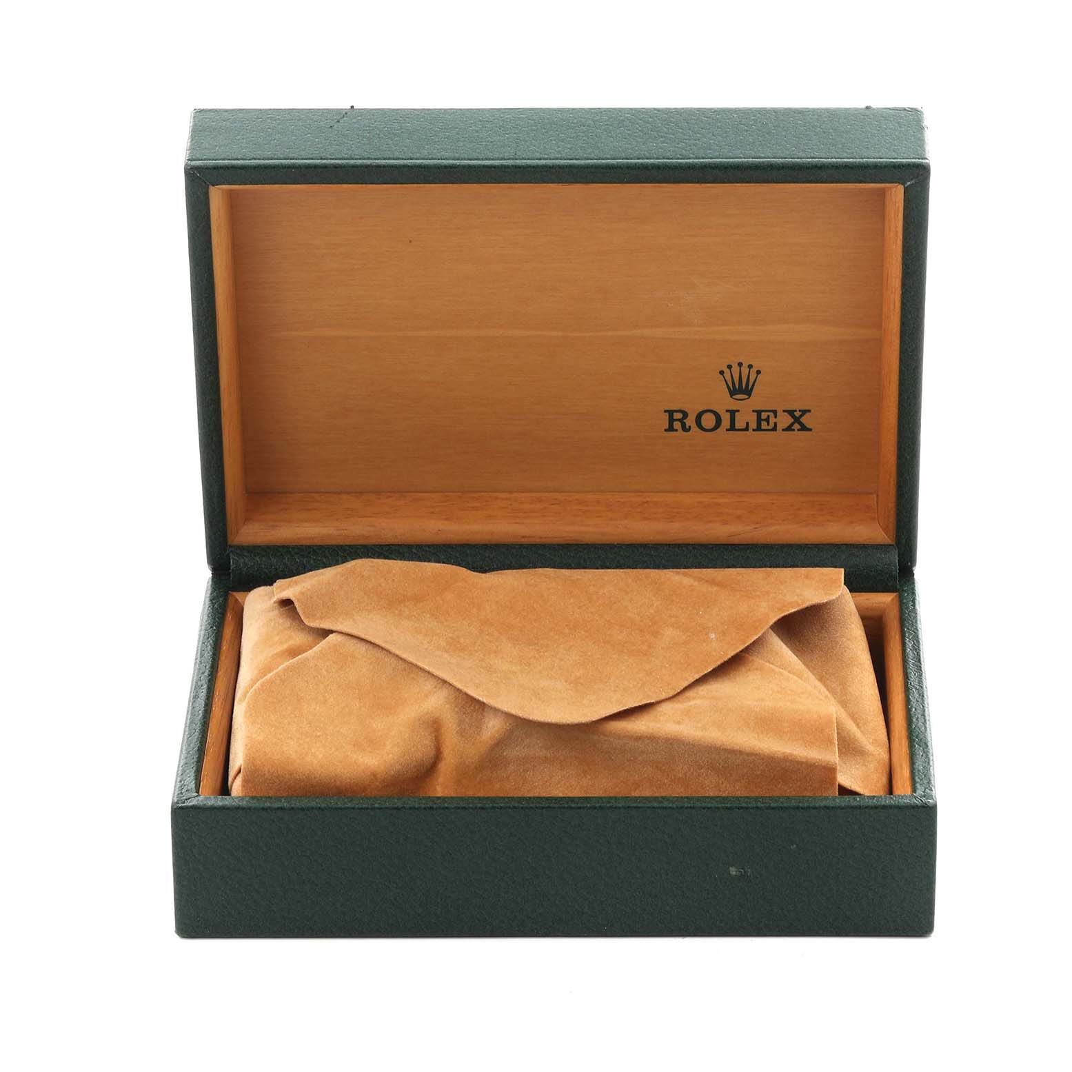 The image shows an open Rolex watch box for the Submariner model, displaying the interior and a protective cloth.
