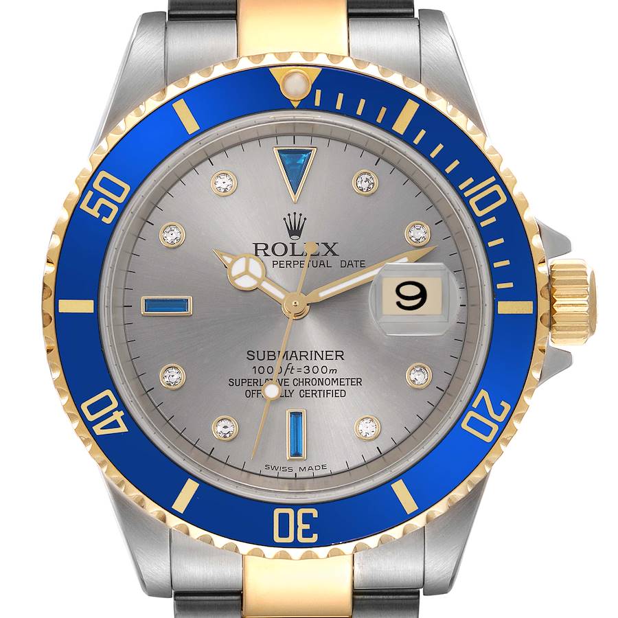 The image shows a Rolex Submariner watch front-on, featuring a blue bezel, gold accents, and a date display.