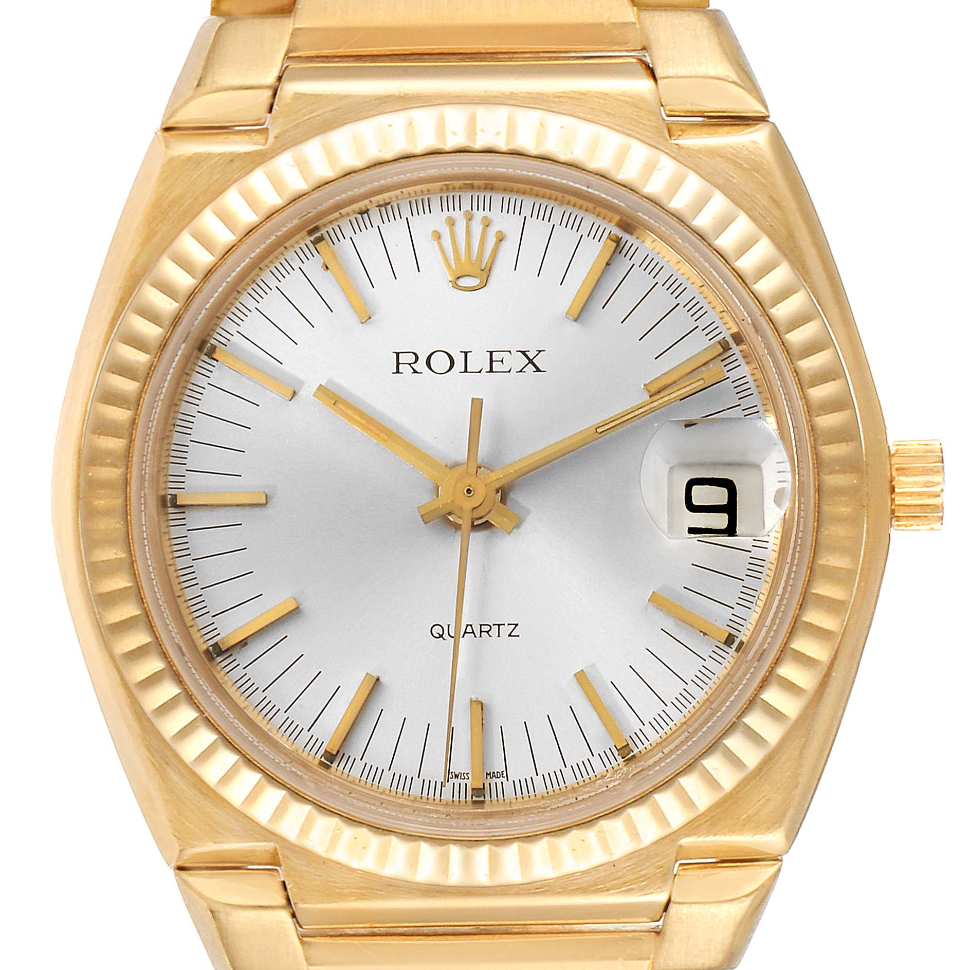 This image shows a frontal view of a Vintage Collection Rolex watch, displaying its dial, bezel, and partial bracelet.