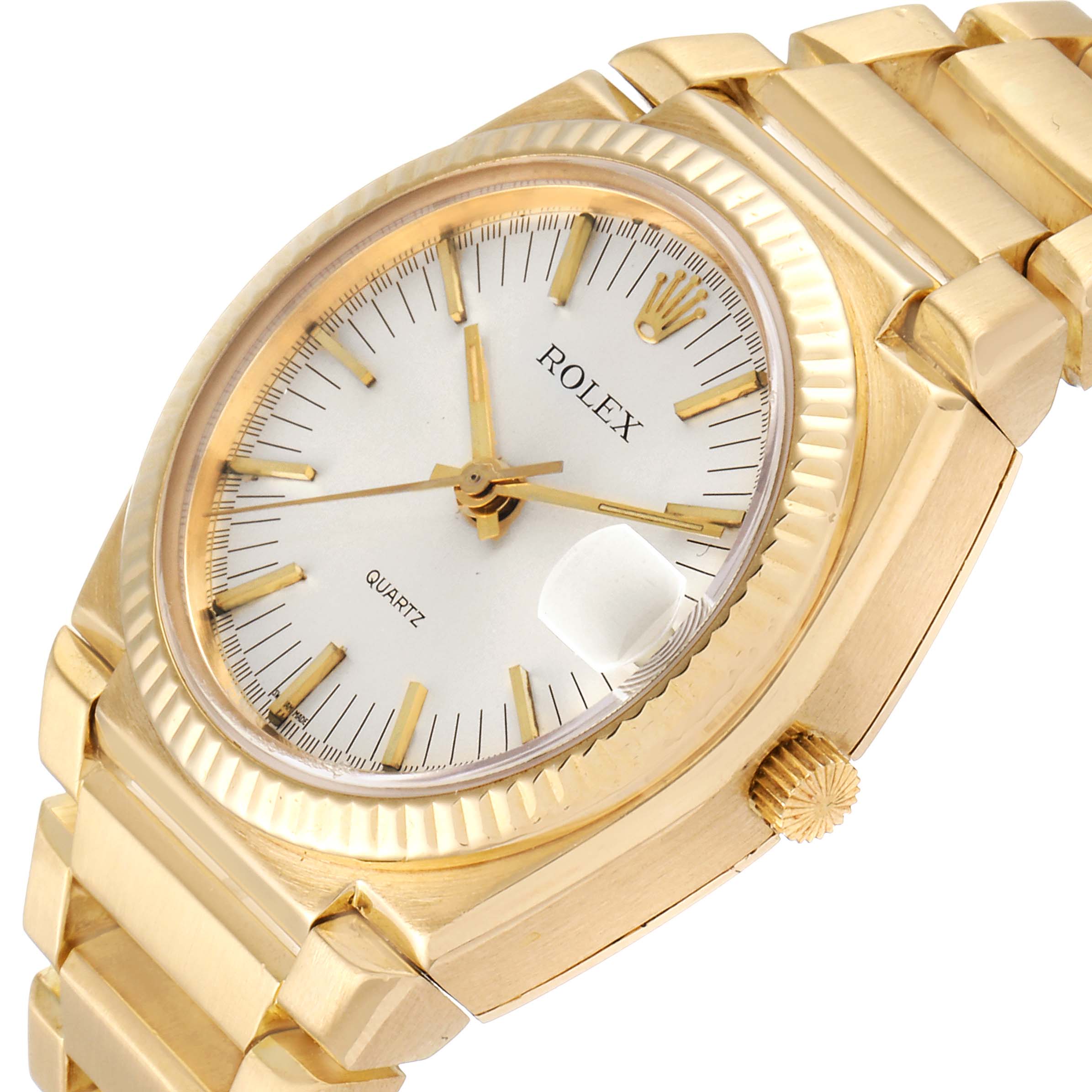 The image shows a close-up view of a Rolex Vintage Collection 5100 Men's Yellow Gold Silver Dial 5100 Men's Yellow Gold Silver Dial watch, highlighting the dial, hands, crown, and bracelet.