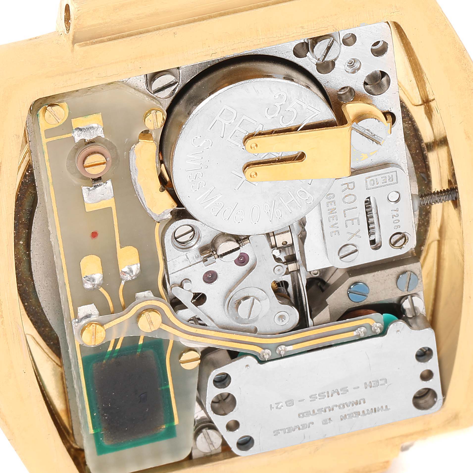 This image shows the internal electronic components of the Rolex Vintage Collection 5100 Men's Yellow Gold Silver Dial 5100 Men's Yellow Gold Silver Dial watch viewed from the back.