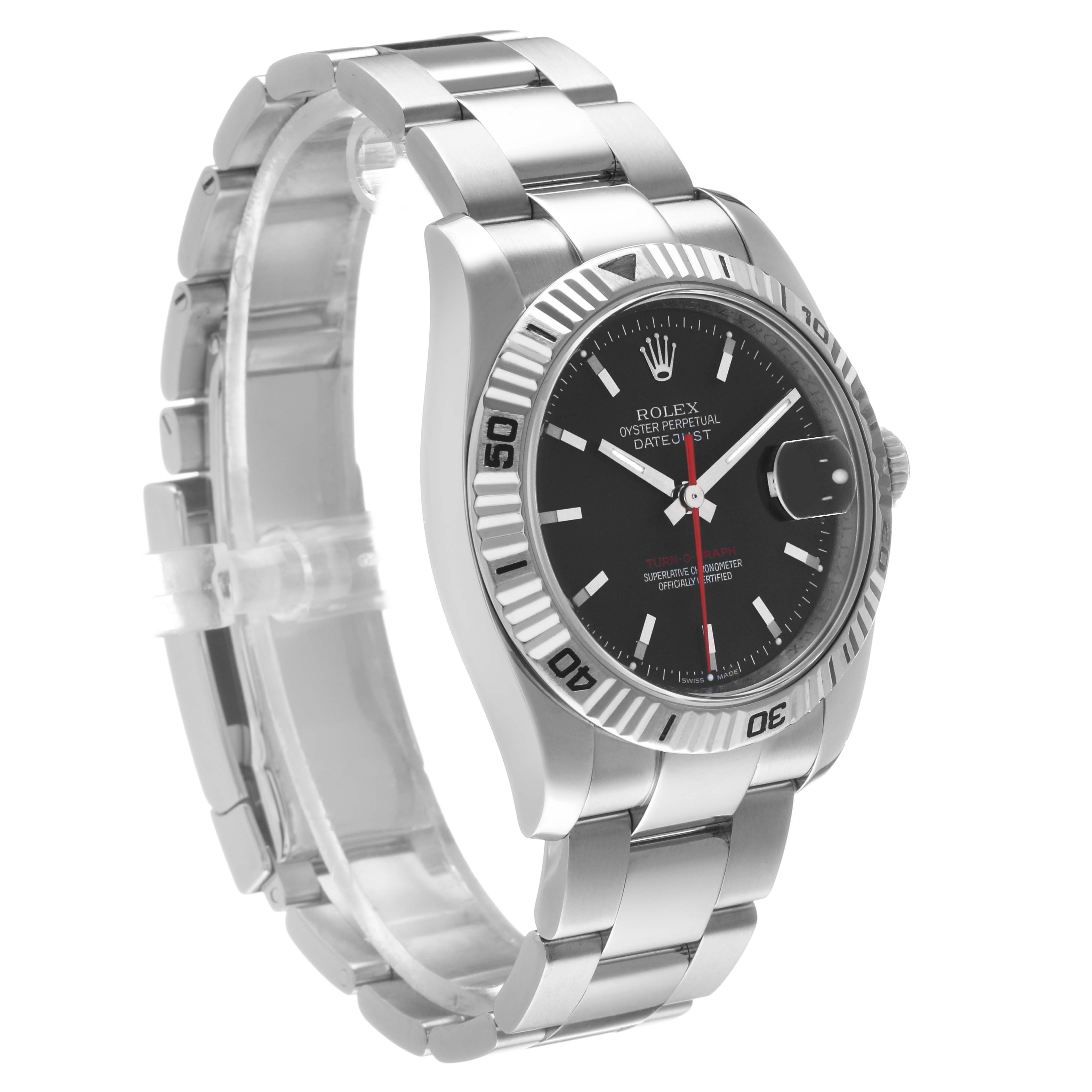 The Rolex Turn-o-Graph 116264 Men's Stainless Steel Black Dial watch is shown at a three-quarter angle, highlighting its bezel, dial, and bracelet.