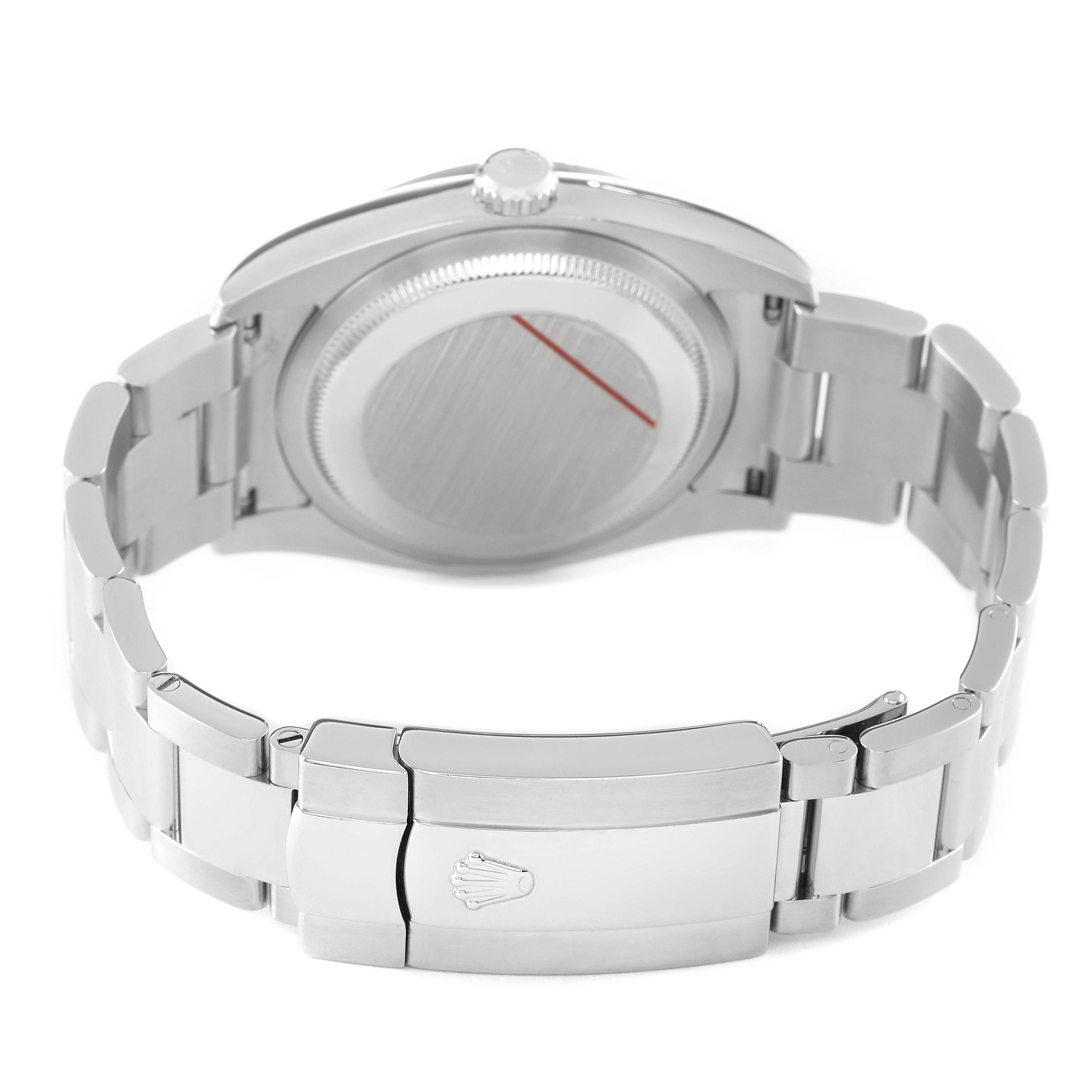 The image shows the back of the Rolex Turn-o-Graph 116264 Men's Stainless Steel Black Dial, highlighting its stainless steel bracelet and clasp.