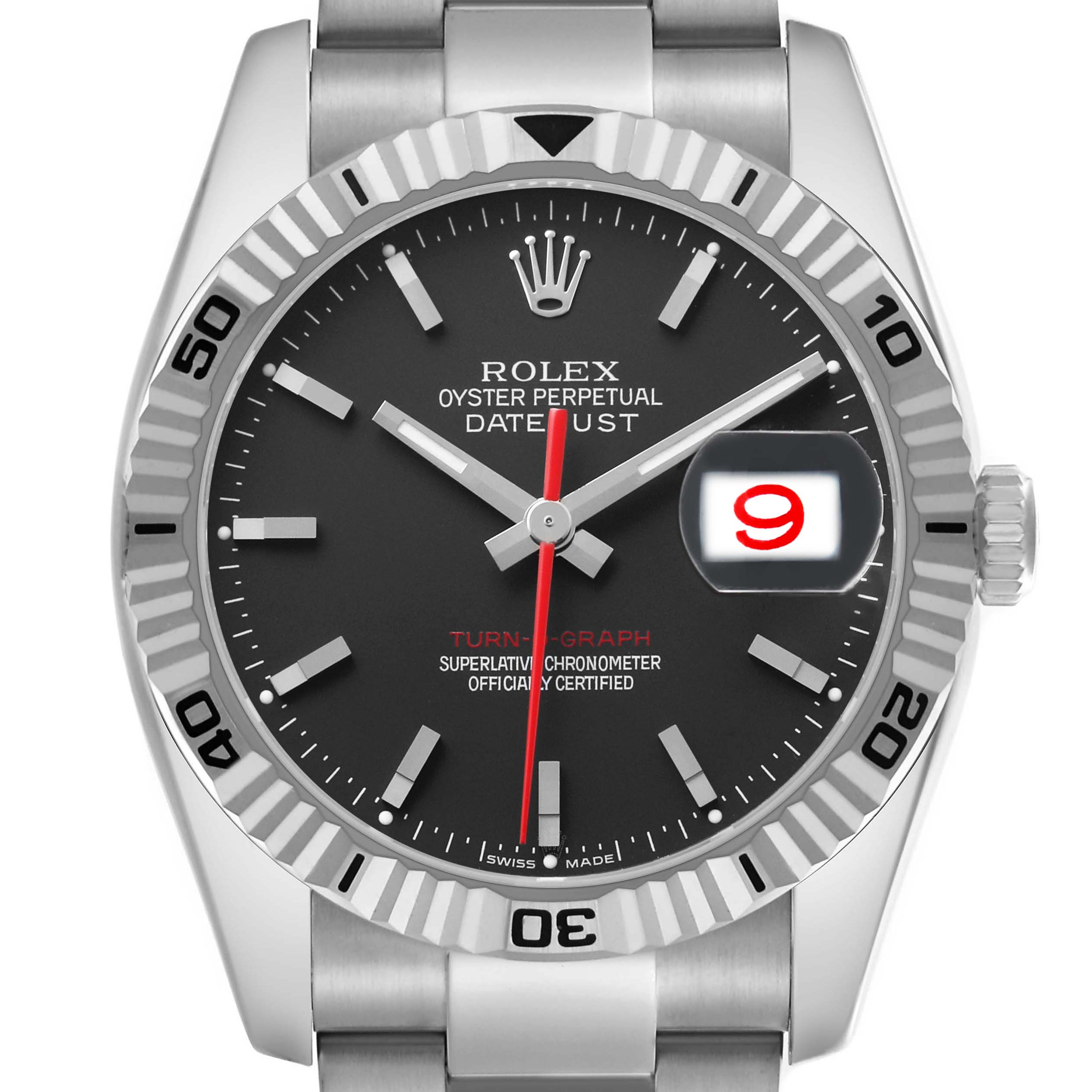 The image shows a front view of the Rolex Turn-o-Graph 116264 Men's Stainless Steel Black Dial, highlighting its bezel, dial, crown, and bracelet.