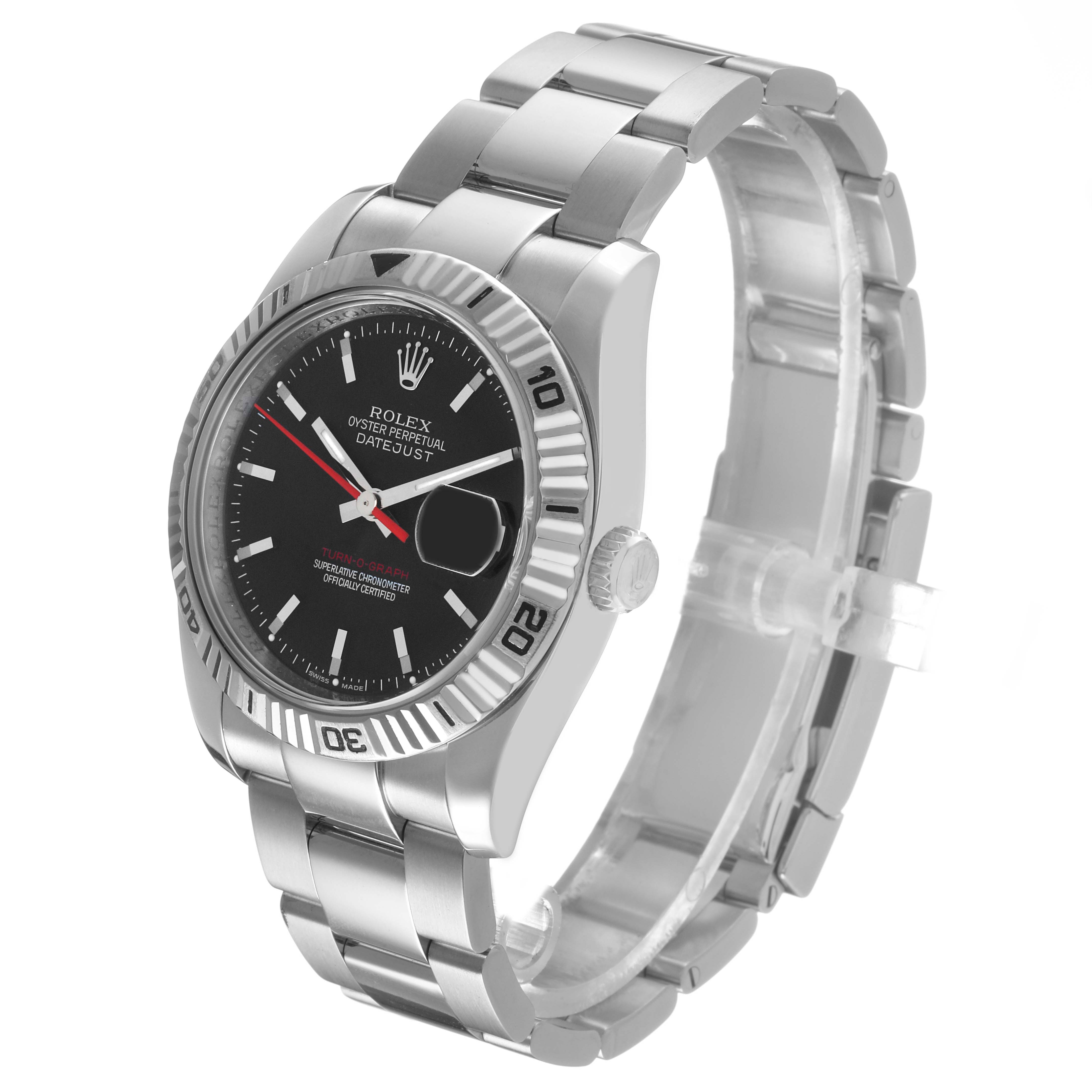 The Rolex Turn-o-Graph 116264 Men's Stainless Steel Black Dial watch is shown at a slight angle, displaying the dial, bezel, crown, and bracelet.