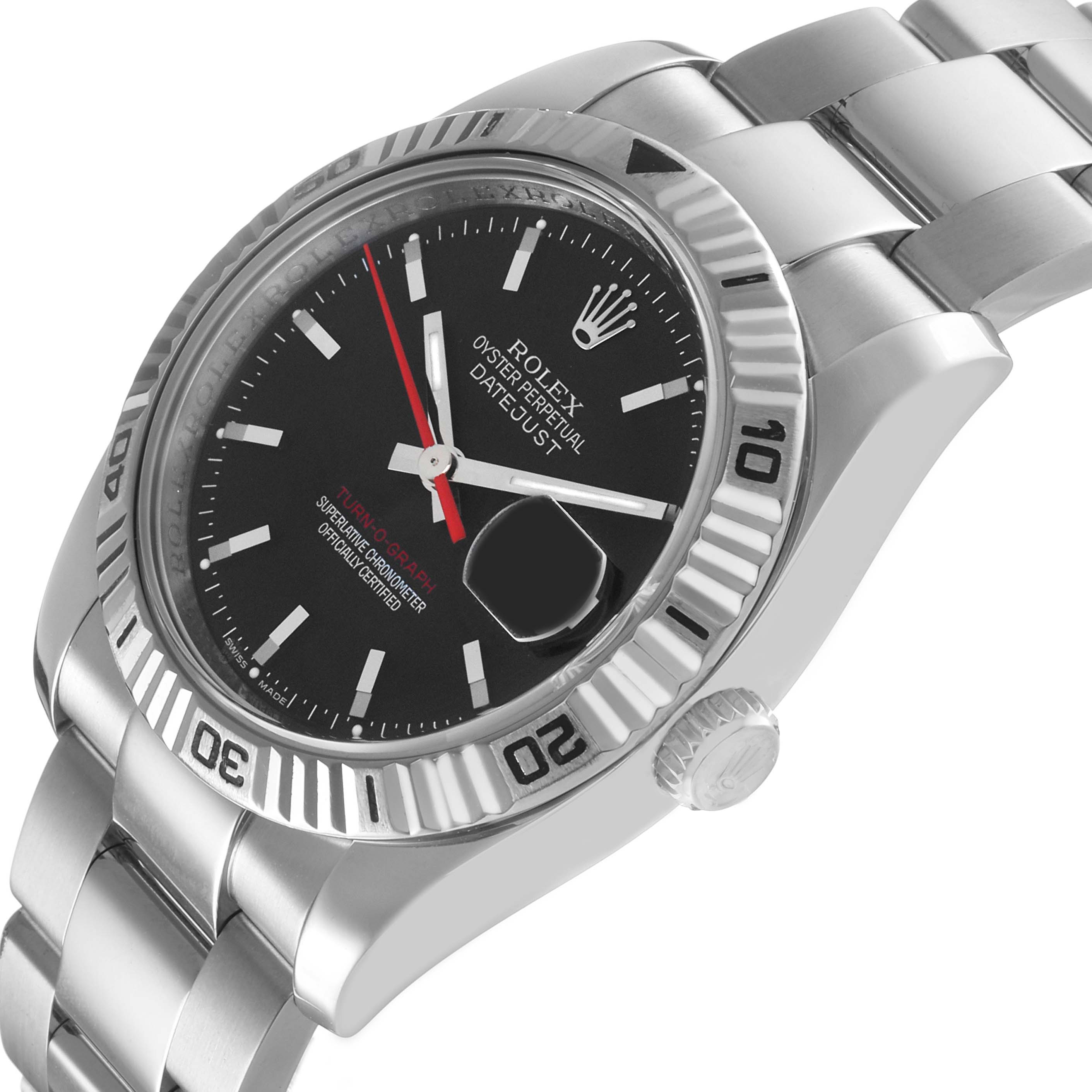 The Rolex Turn-o-Graph 116264 Men's Stainless Steel Black Dial watch is shown at an angle highlighting the bezel, crown, and part of the bracelet.