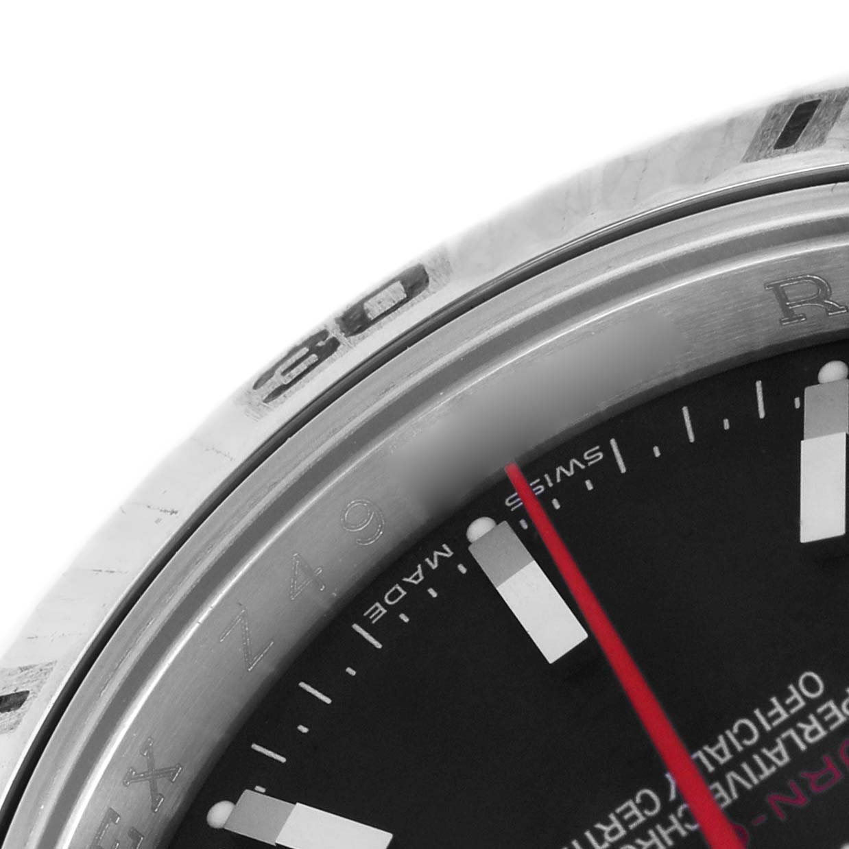 The image shows a close-up of the dial, bezel, and red second hand of a Rolex Turn-o-Graph 116264 Men's Stainless Steel Black Dial watch.