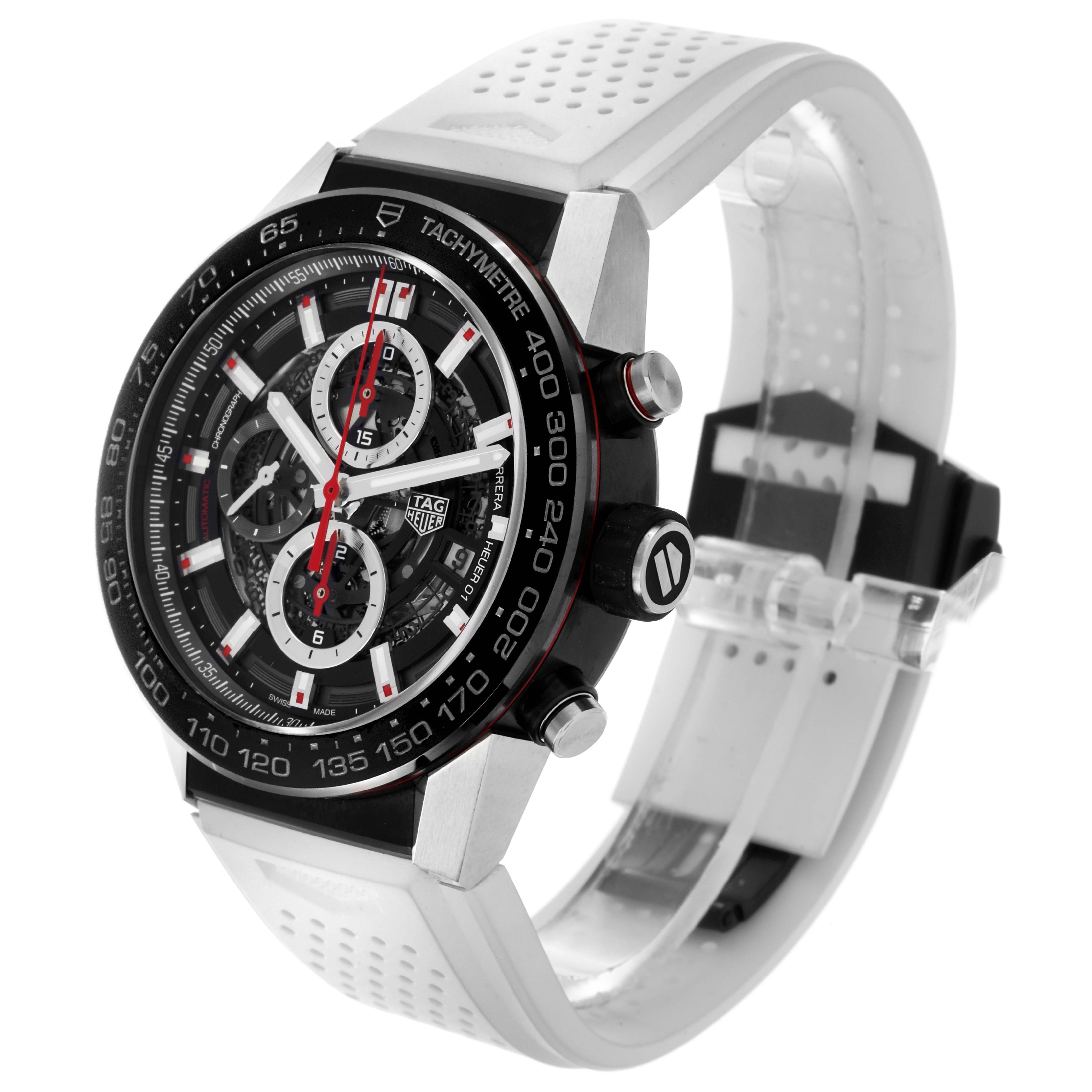 The Tag Heuer Carrera CAR2A1Z.FT6051 Men's Stainless Steel Transparent Dial CAR2A1Z.FT6051 Men's Stainless Steel Transparent Dial watch is shown at a three-quarter angle, highlighting the face, bezel, and parts of the band.