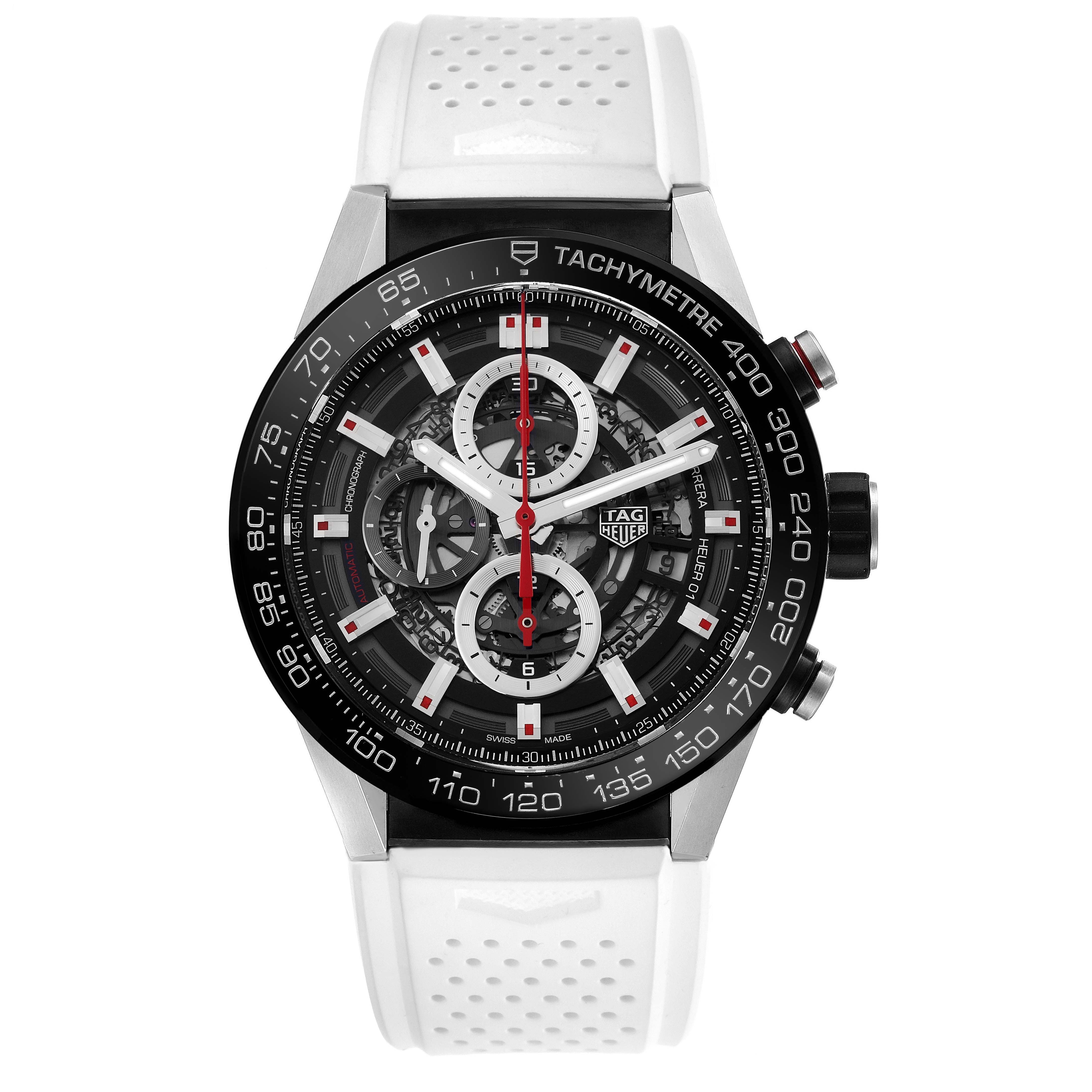 The Tag Heuer Carrera CAR2A1Z.FT6051 Men's Stainless Steel Transparent Dial CAR2A1Z.FT6051 Men's Stainless Steel Transparent Dial watch is shown from the front, displaying the face, tachymeter bezel, and white perforated strap.
