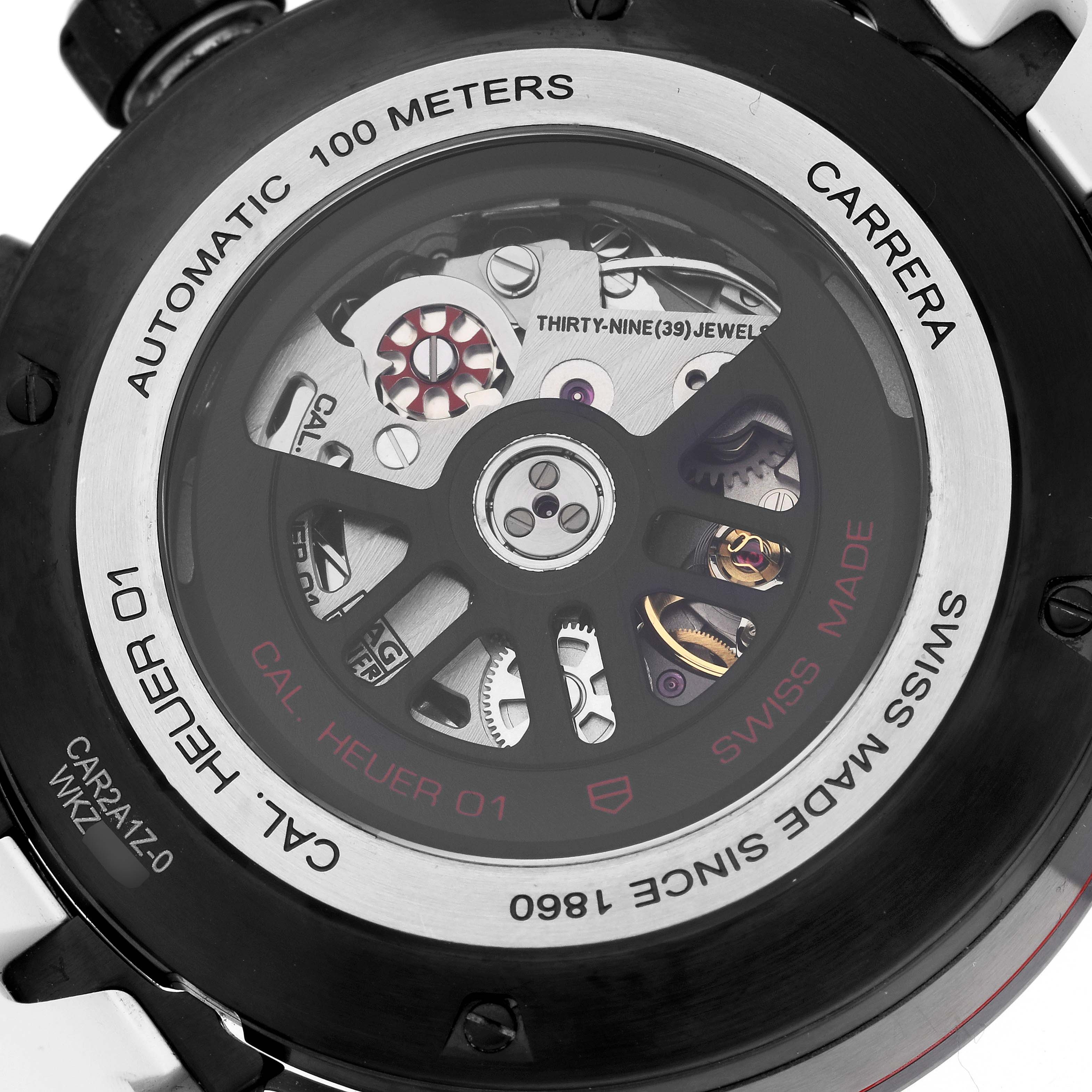 The image shows the back of a Tag Heuer Carrera CAR2A1Z.FT6051 Men's Stainless Steel Transparent Dial CAR2A1Z.FT6051 Men's Stainless Steel Transparent Dial watch, highlighting the automatic movement and inner mechanisms.
