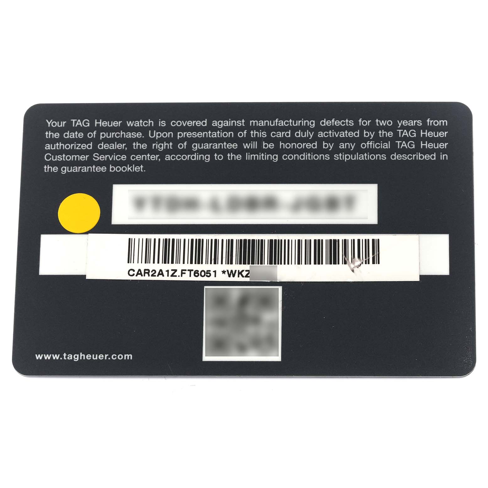 The image shows a warranty card for the Tag Heuer Carrera CAR2A1Z.FT6051 Men's Stainless Steel Transparent Dial CAR2A1Z.FT6051 Men's Stainless Steel Transparent Dial model, featuring text and barcodes.