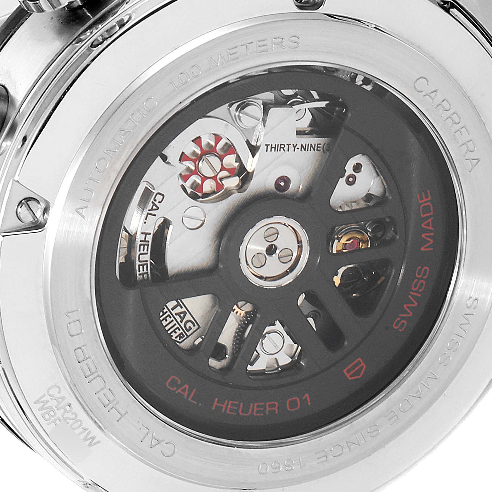 This image shows the back view of the Tag Heuer Carrera CAR201W.BA0714 Men
s Stainless Steel Black Dial CAR201W.BA0714 Men
s Stainless Steel Black Dial watch, highlighting its internal Calibre Heuer 01 automatic movement.