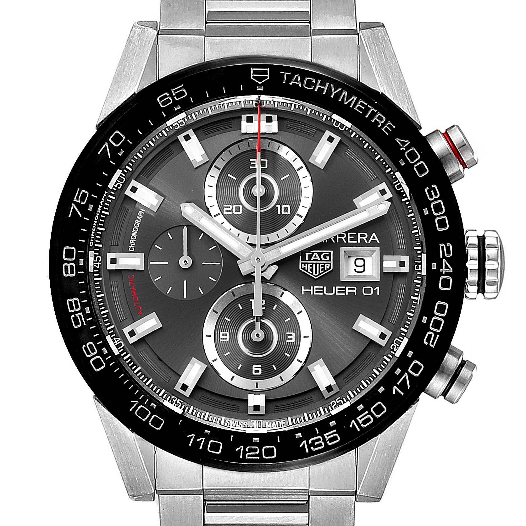 The image shows a front view of a Tag Heuer Carrera CAR201W.BA0714 Men
s Stainless Steel Black Dial CAR201W.BA0714 Men
s Stainless Steel Black Dial watch, highlighting its dial, subdials, and tachymeter bezel.
