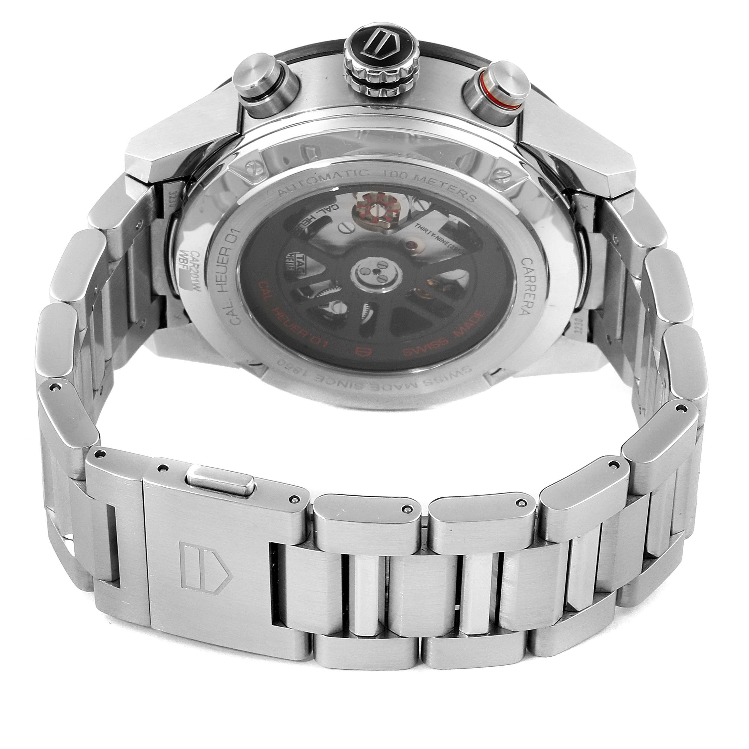 This image shows the back view of a Tag Heuer Carrera CAR201W.BA0714 Men
s Stainless Steel Black Dial CAR201W.BA0714 Men
s Stainless Steel Black Dial watch, highlighting its case back, crown, and stainless steel bracelet.