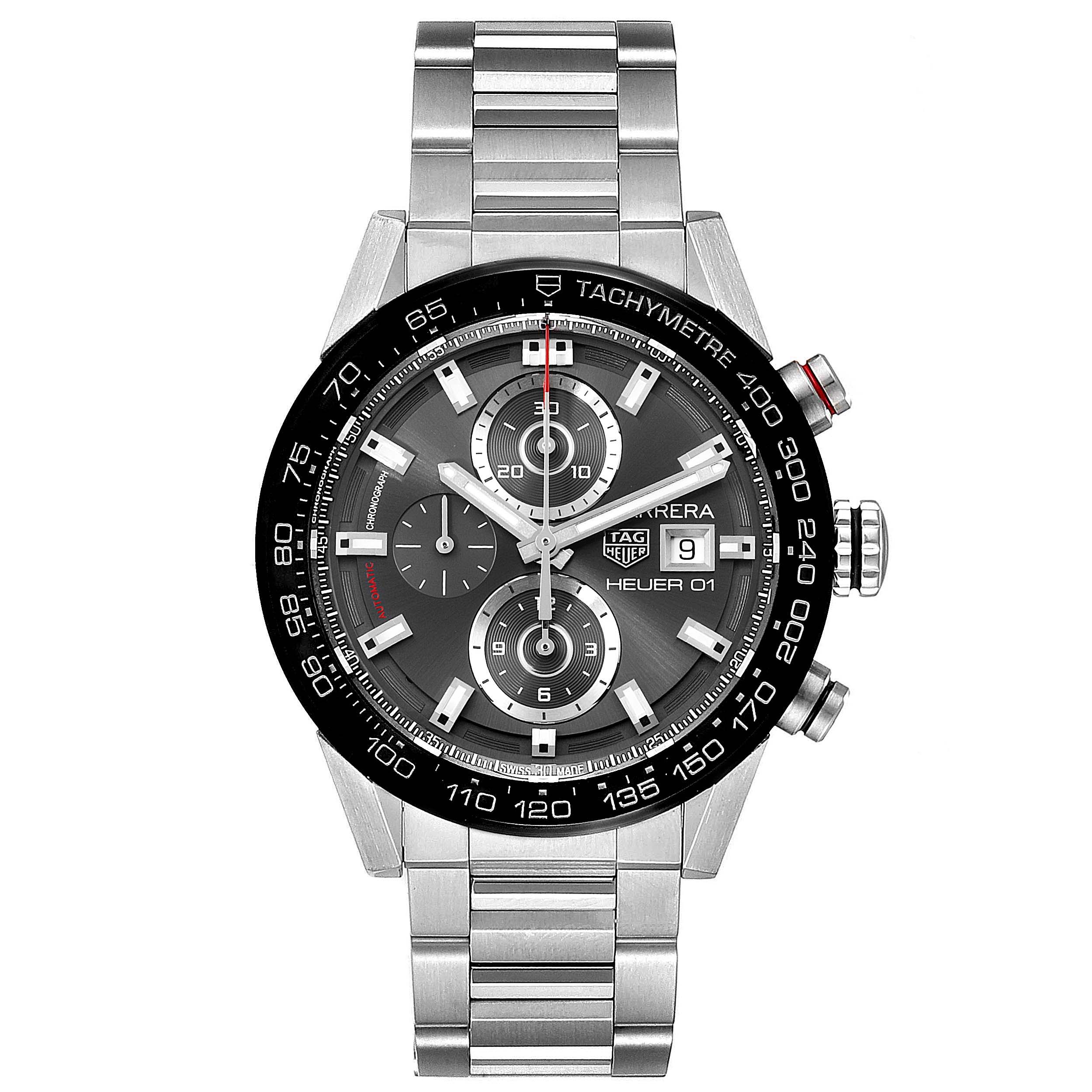 The image shows a front view of the Tag Heuer Carrera CAR201W.BA0714 Men
s Stainless Steel Black Dial CAR201W.BA0714 Men
s Stainless Steel Black Dial watch, highlighting its dial, subdials, tachymeter bezel, and metal bracelet.