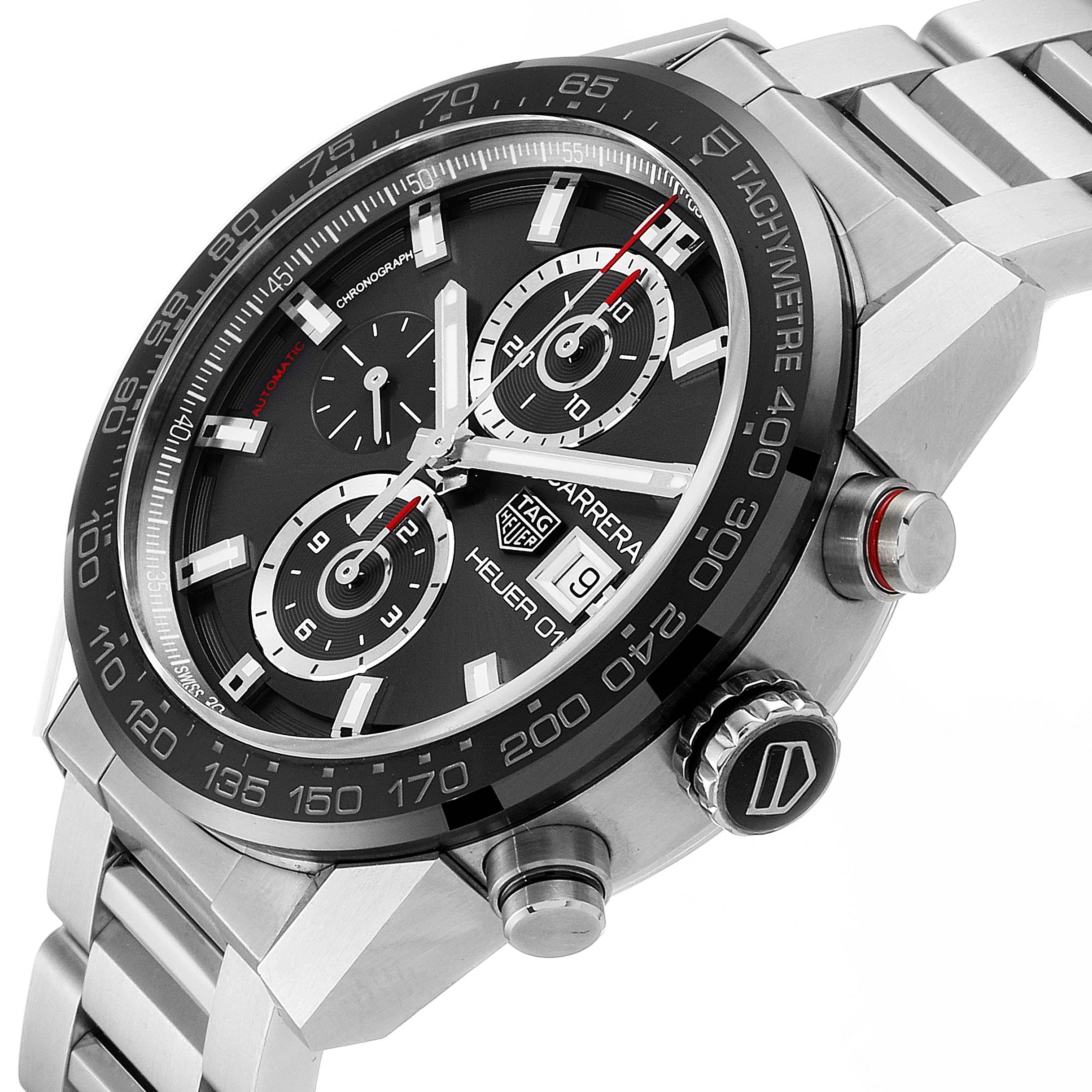 This image shows a Tag Heuer Carrera CAR201W.BA0714 Men
s Stainless Steel Black Dial CAR201W.BA0714 Men
s Stainless Steel Black Dial watch at a close-up angle, highlighting its dial, bezel, and chronograph pushers.