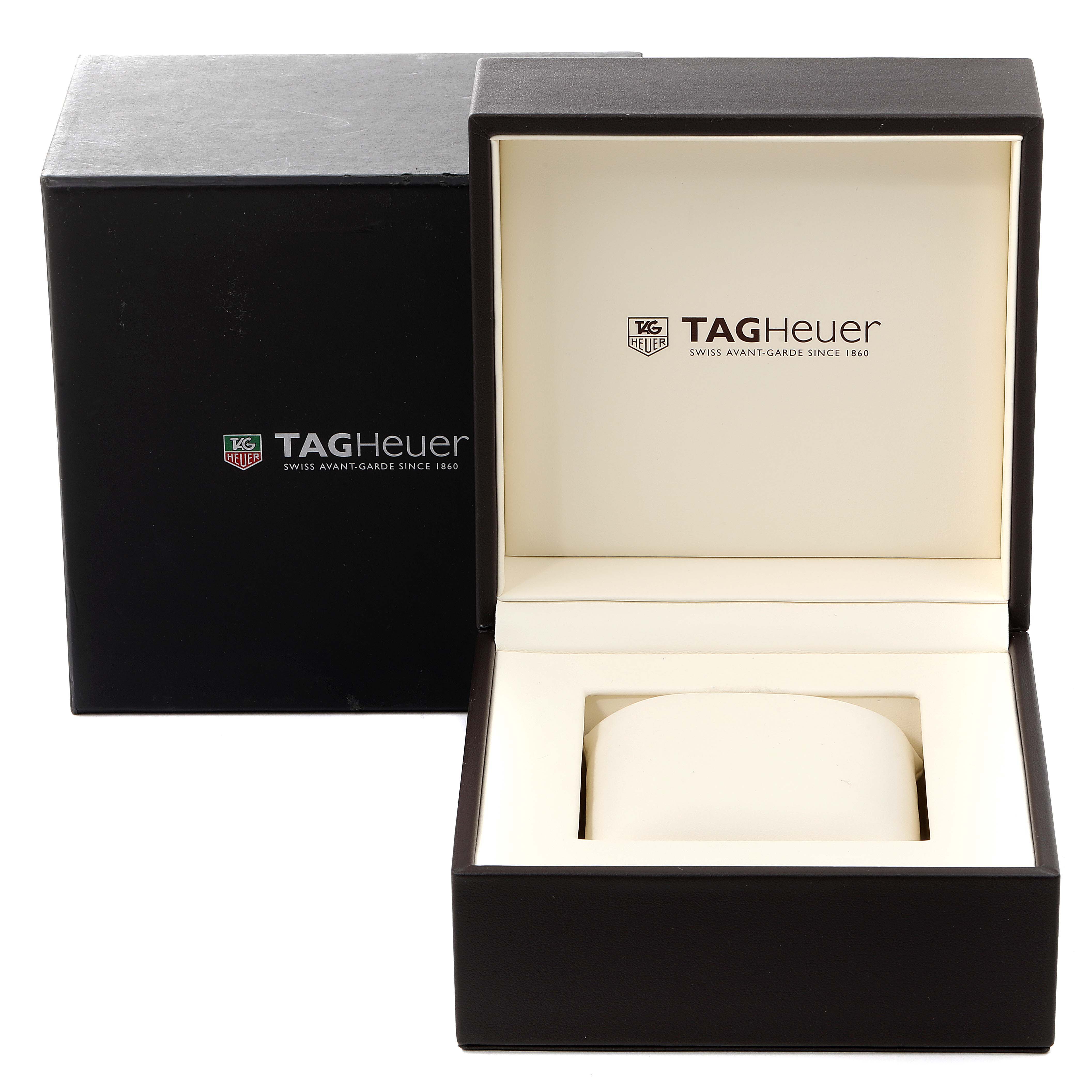 The image shows the packaging box of a Tag Heuer Carrera CAR201W.BA0714 Men
s Stainless Steel Black Dial CAR201W.BA0714 Men
s Stainless Steel Black Dial watch, featuring its interior and exterior parts.